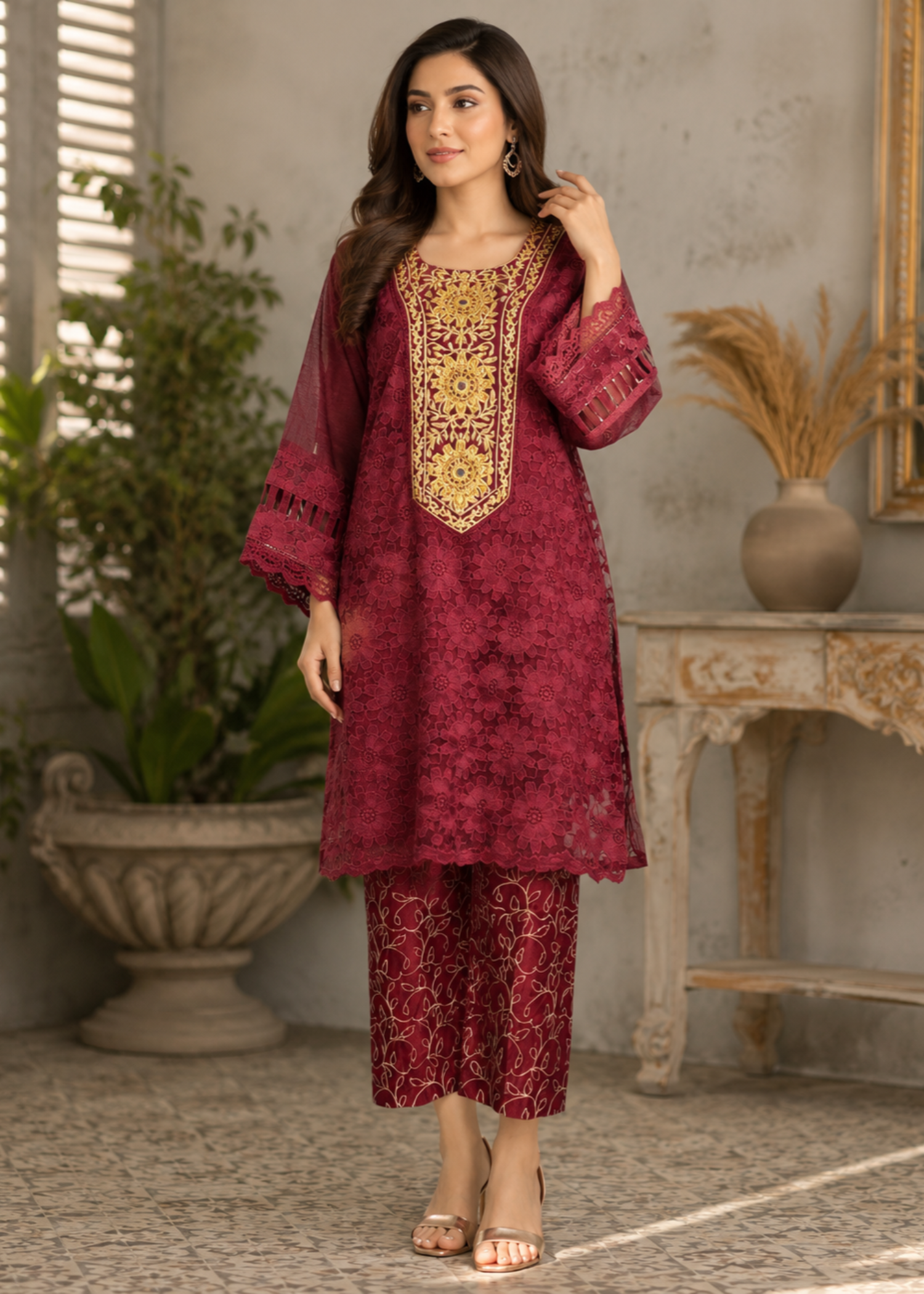 tissue Kurta Set in Maroon
