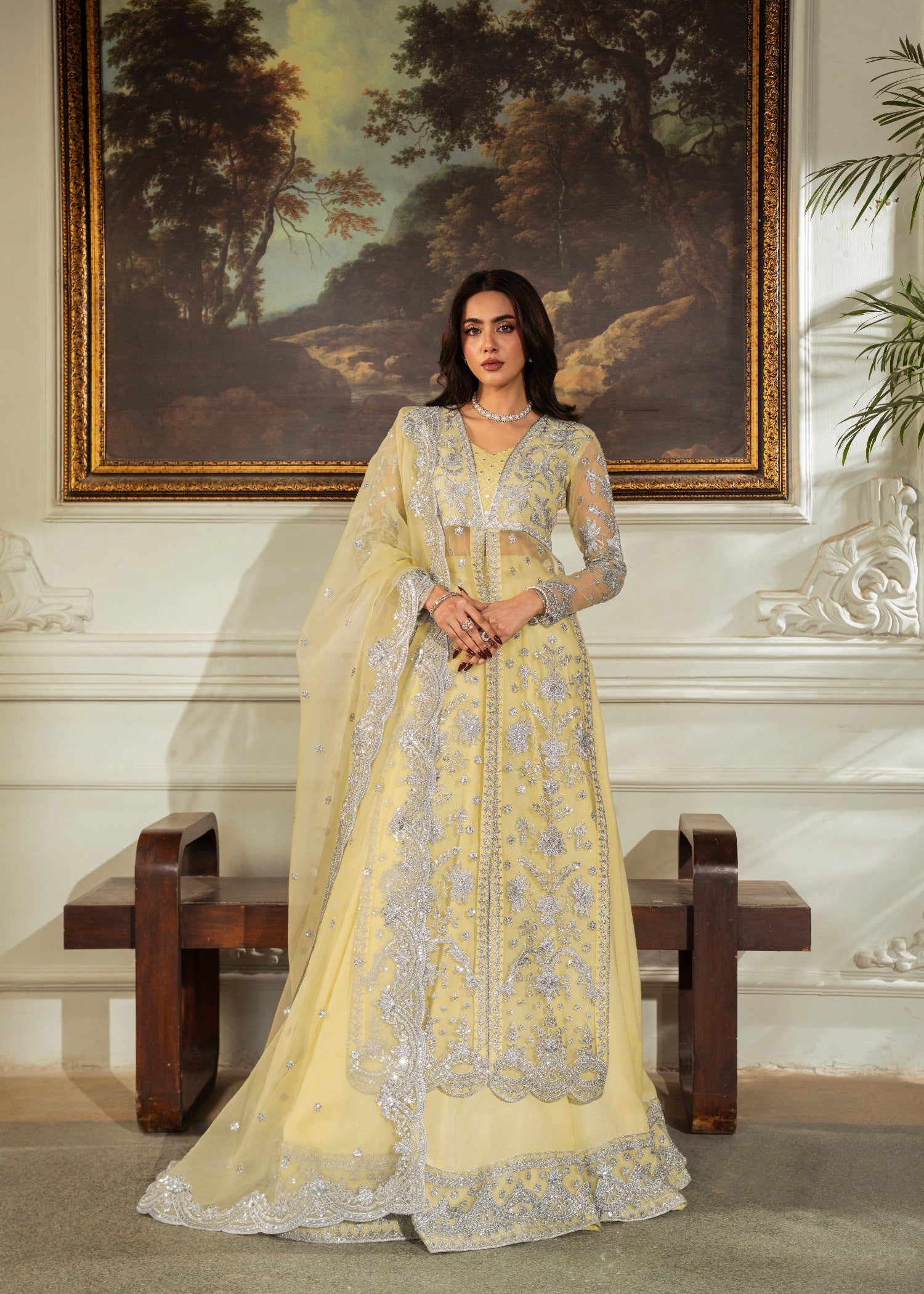 organza Lehenga in Pale yellow