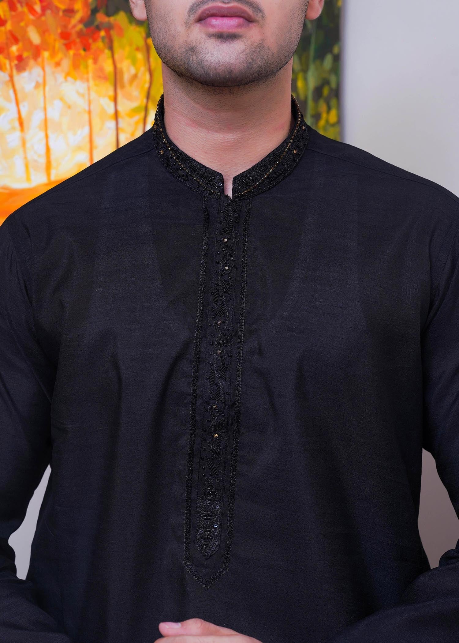 raw silk Kurta Set in Black by Real Image Clothing