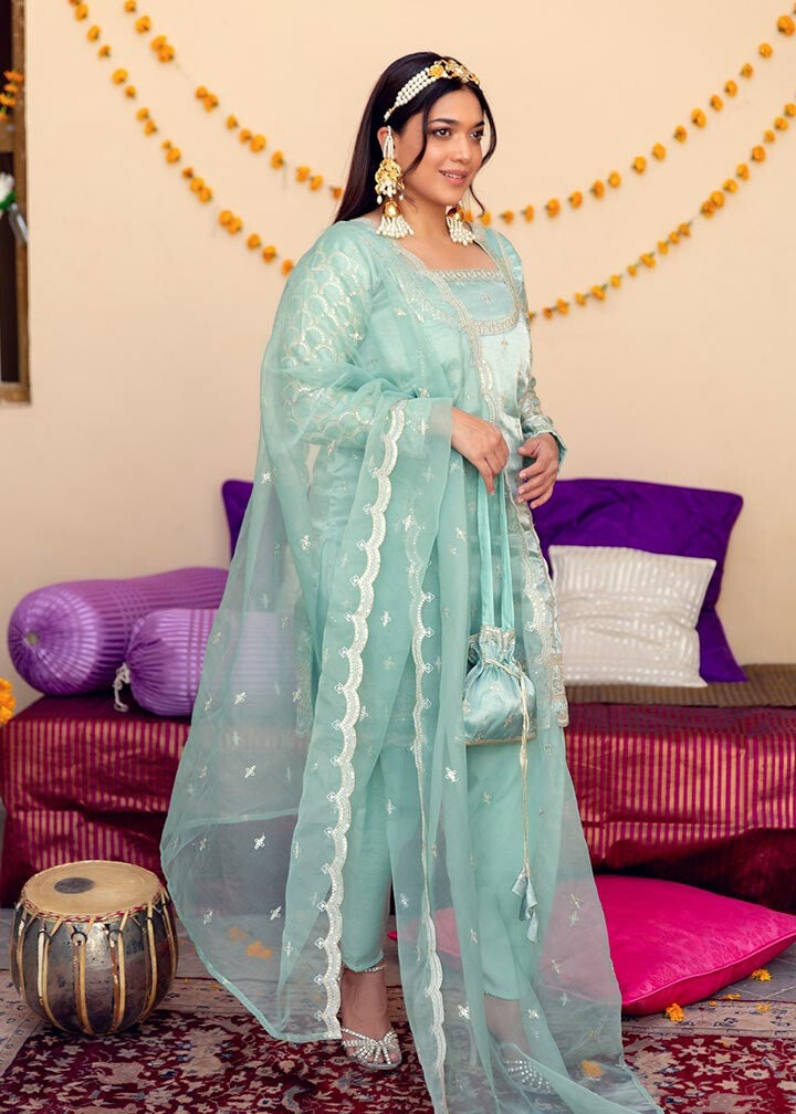 tissue Kurta Set in Light blue