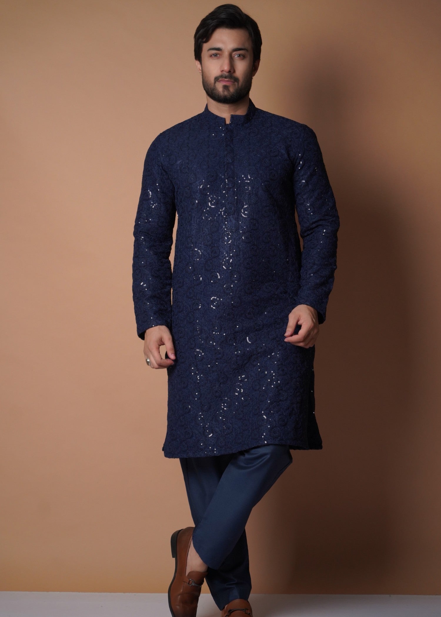 viscose raw silk Kurta Set in Navy blue