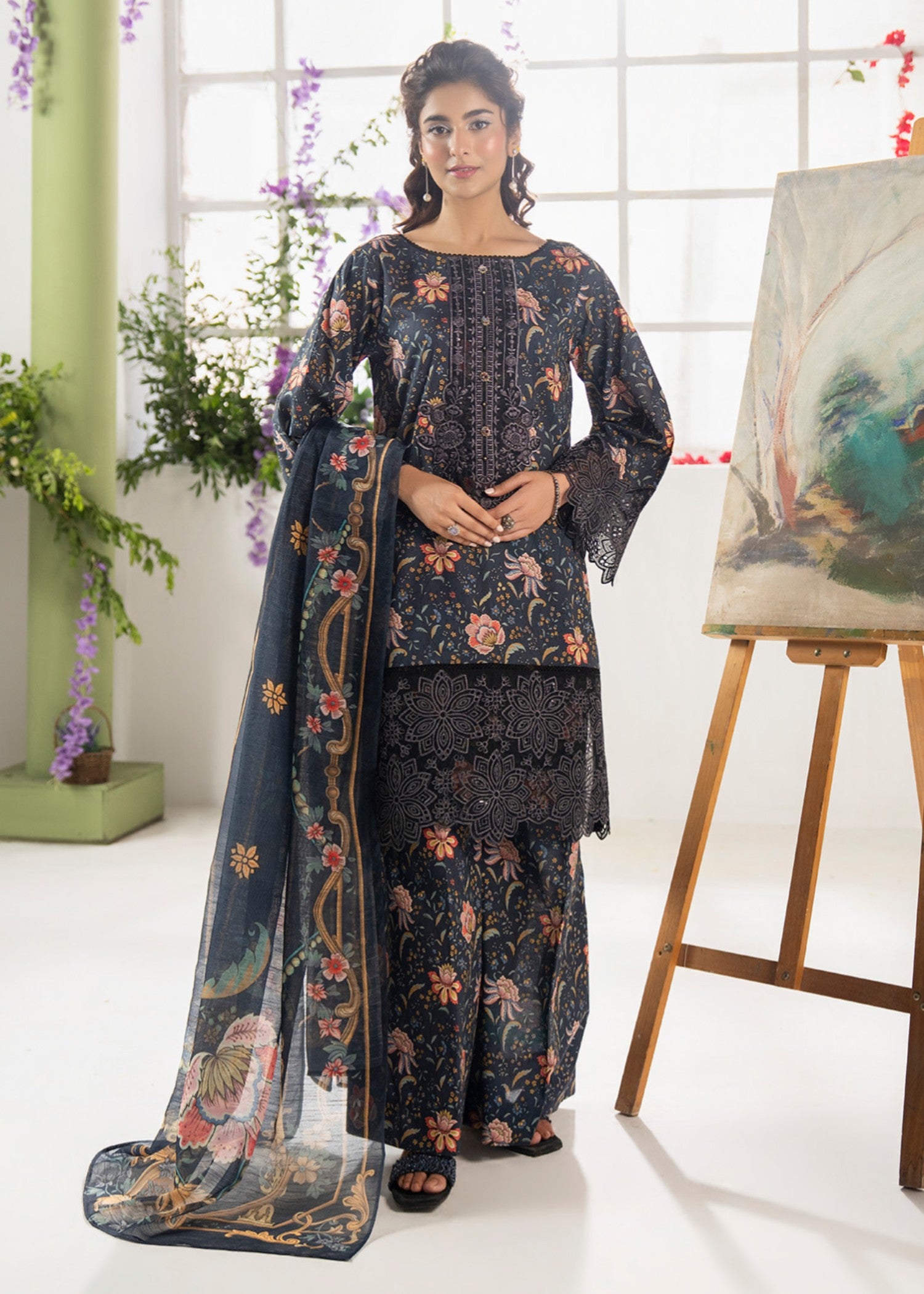 lawn cotton Kurta Set in Twilight blue