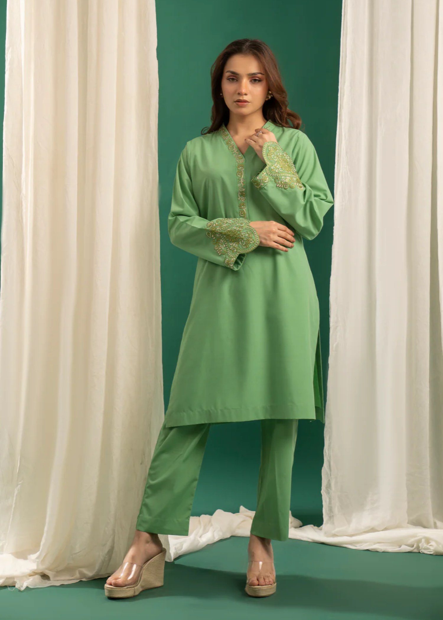 jacquard Kurta Set in Mint green