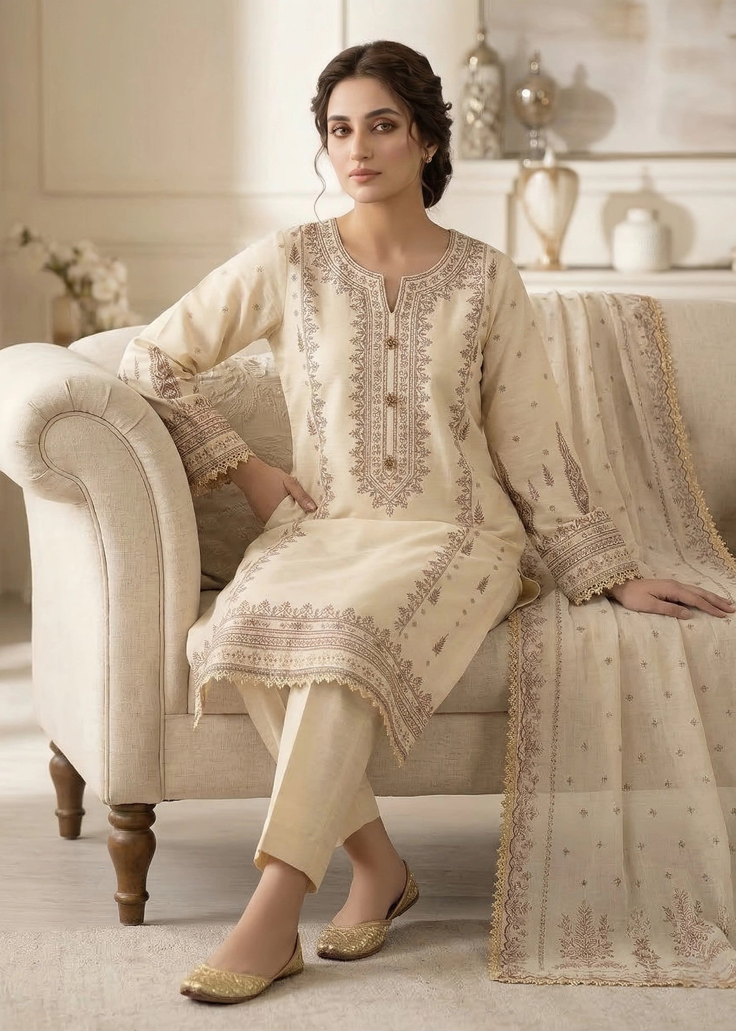 cambric cotton Kurta Set in Wheat