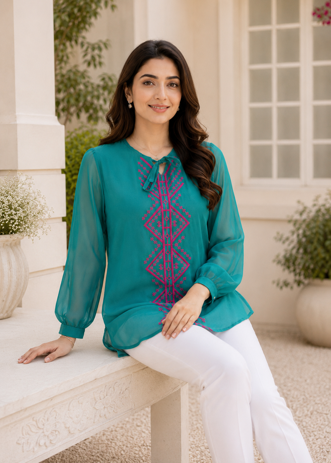 polyester chiffon Top in Teal