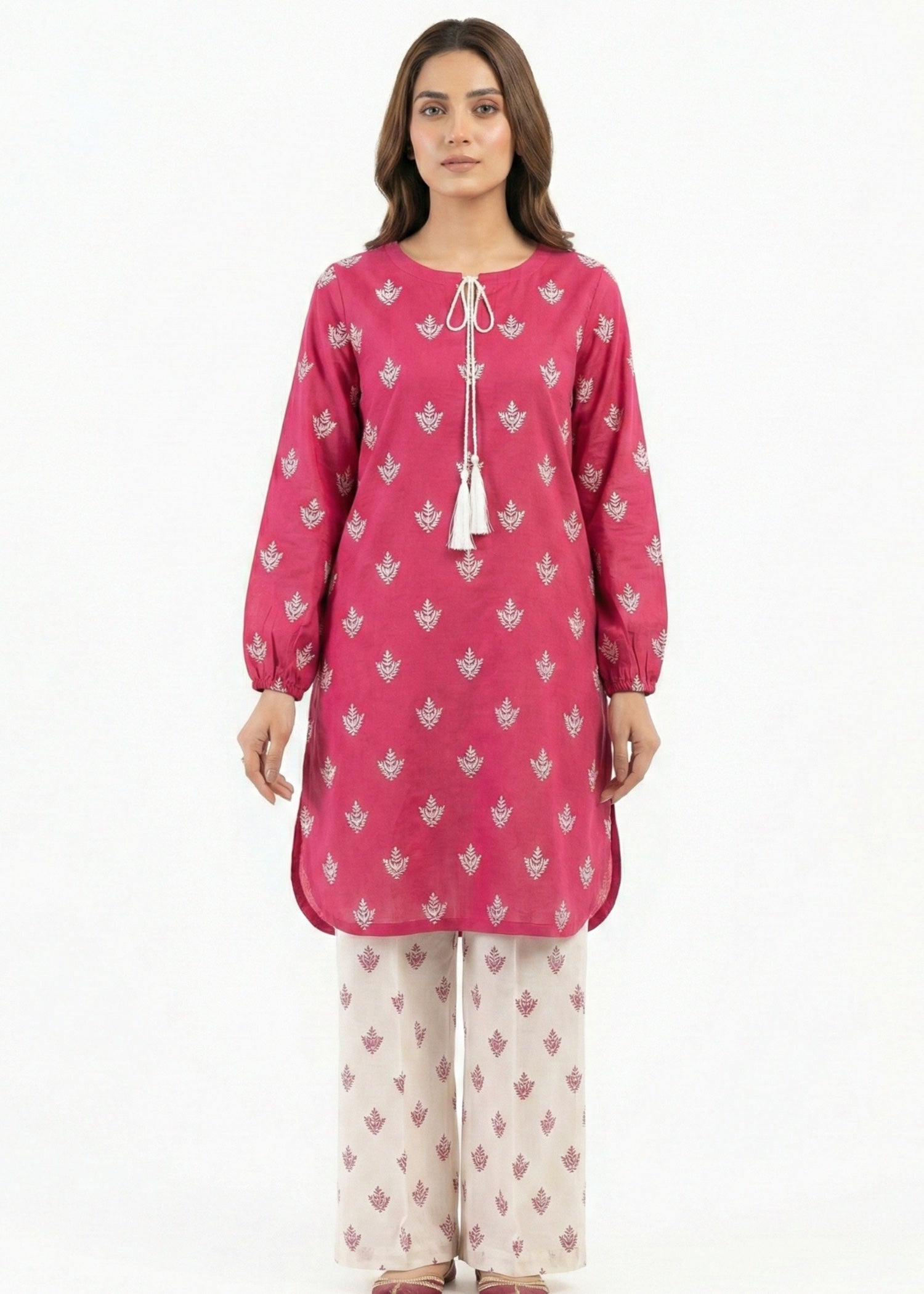 linen Kurta Set in White, hot pink