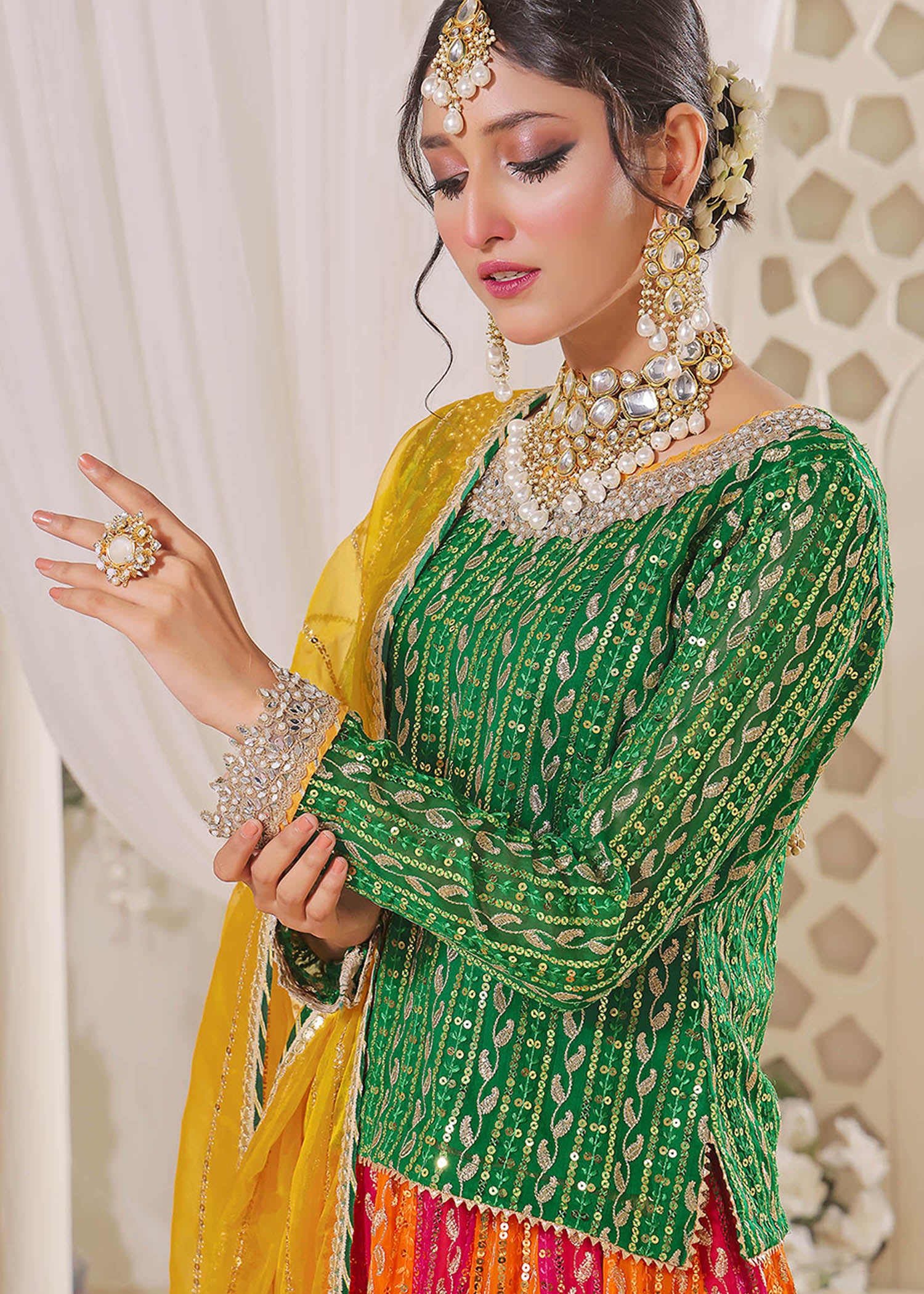 chiffon Lehenga in Green