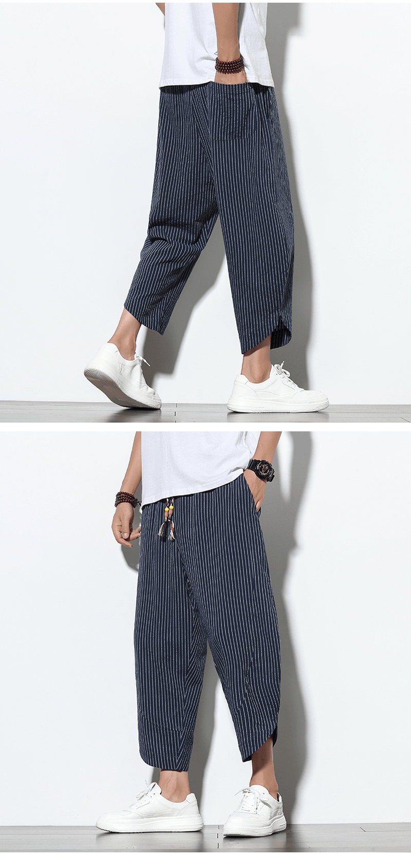 Chinese Style Cotton and Linen Pants Striped plus Size Loose Harem Bloomers Men