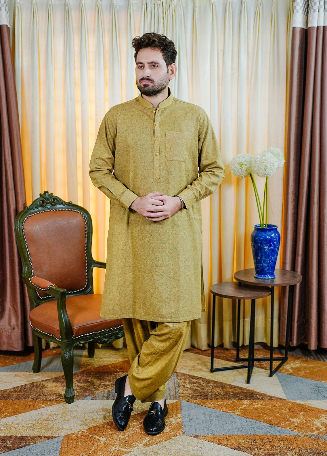 blended wool Shalwar Kameez in Mustard