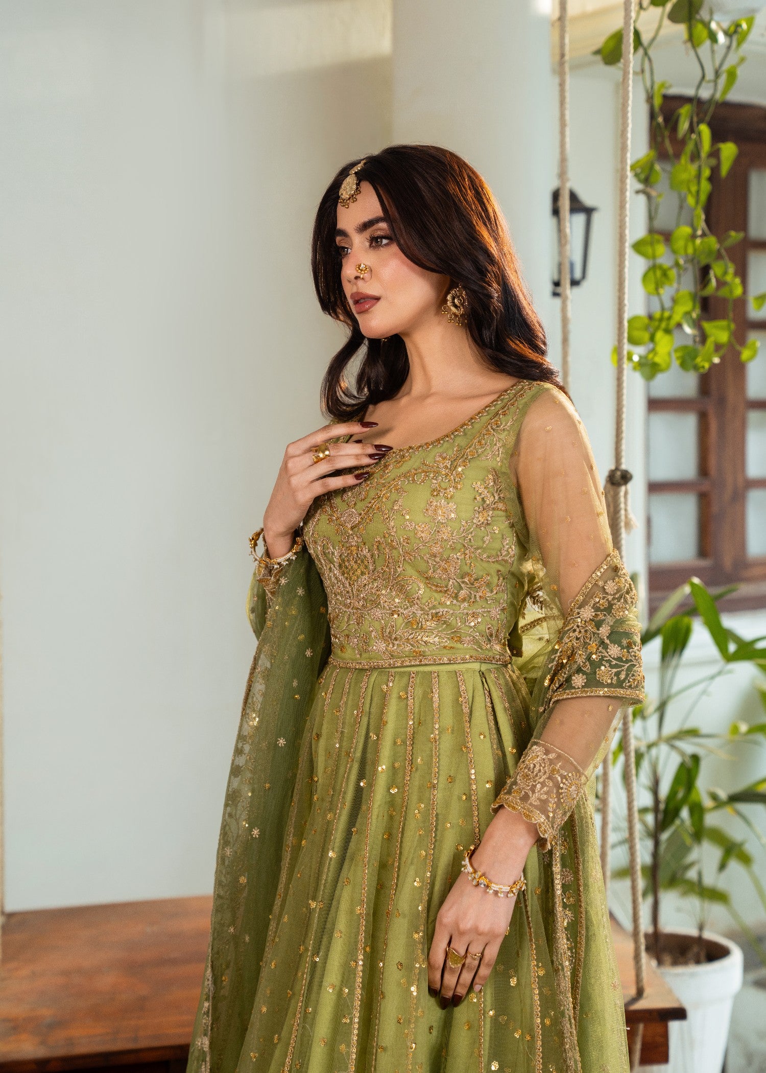 net Lehenga in Olive green