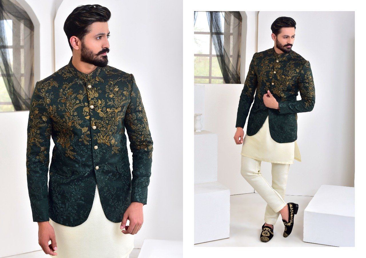 banarsi silk Prince Coat in Green