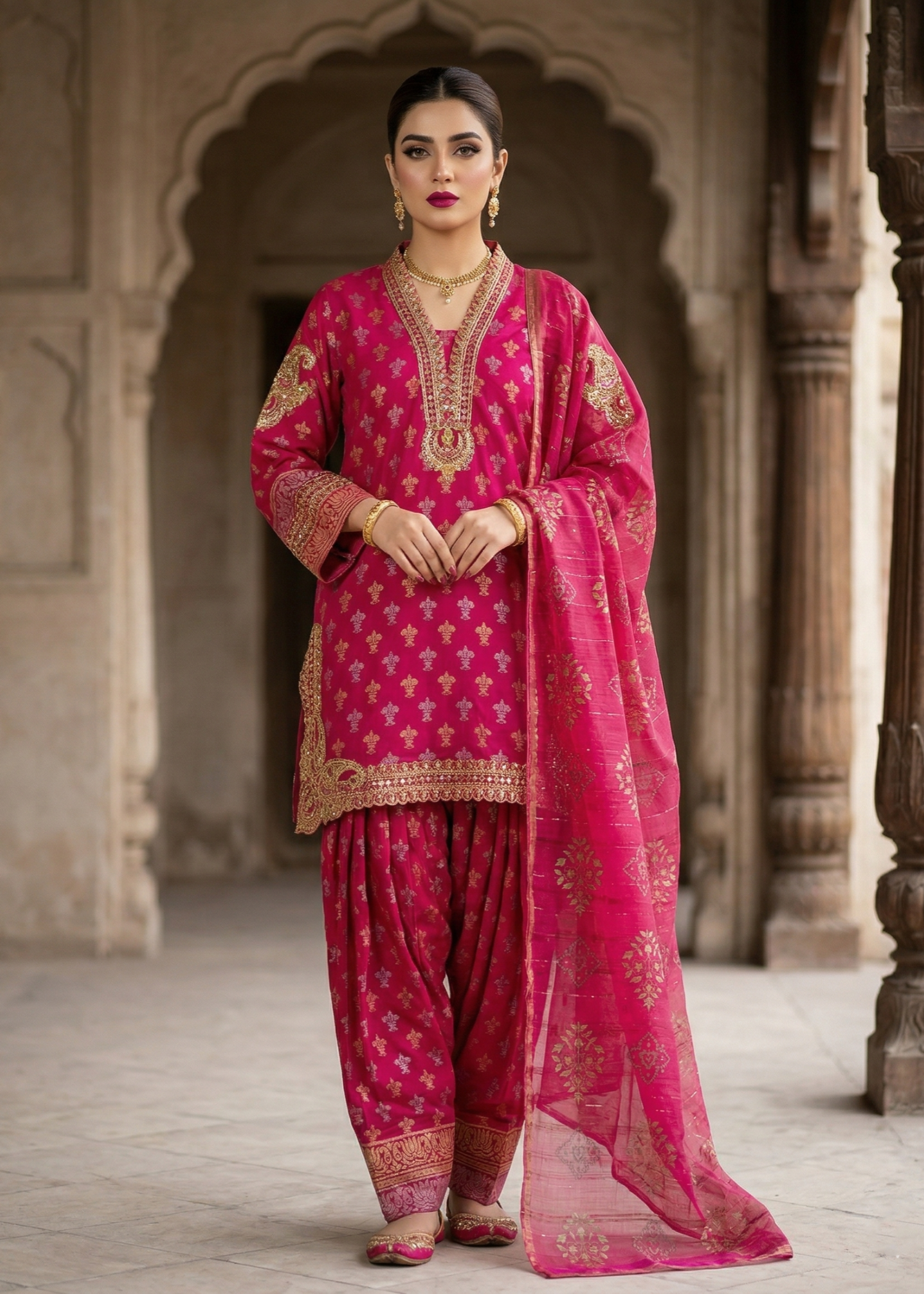 jacquard Kurta Set in Shocking pink