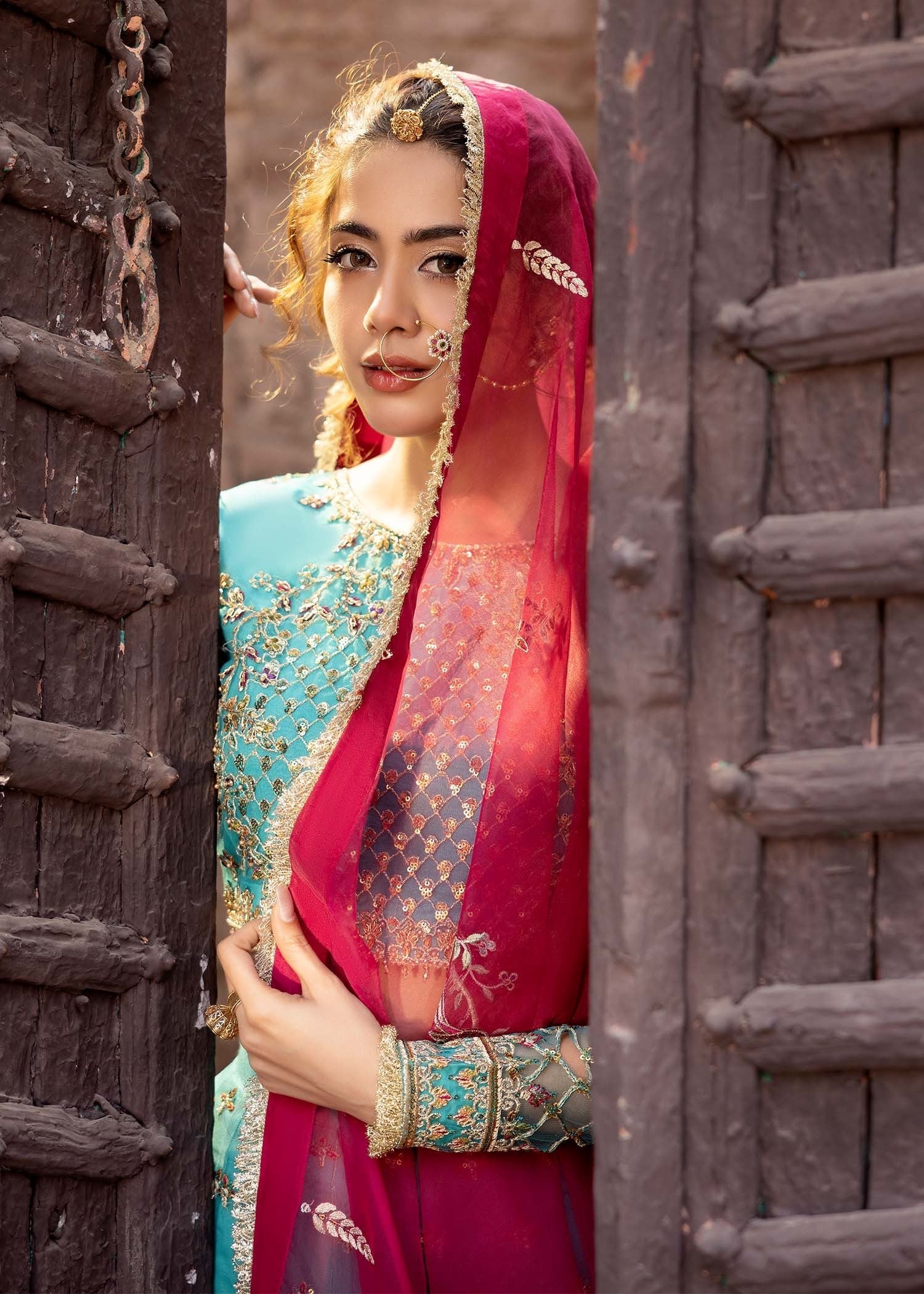 net Lehenga in Turquoise