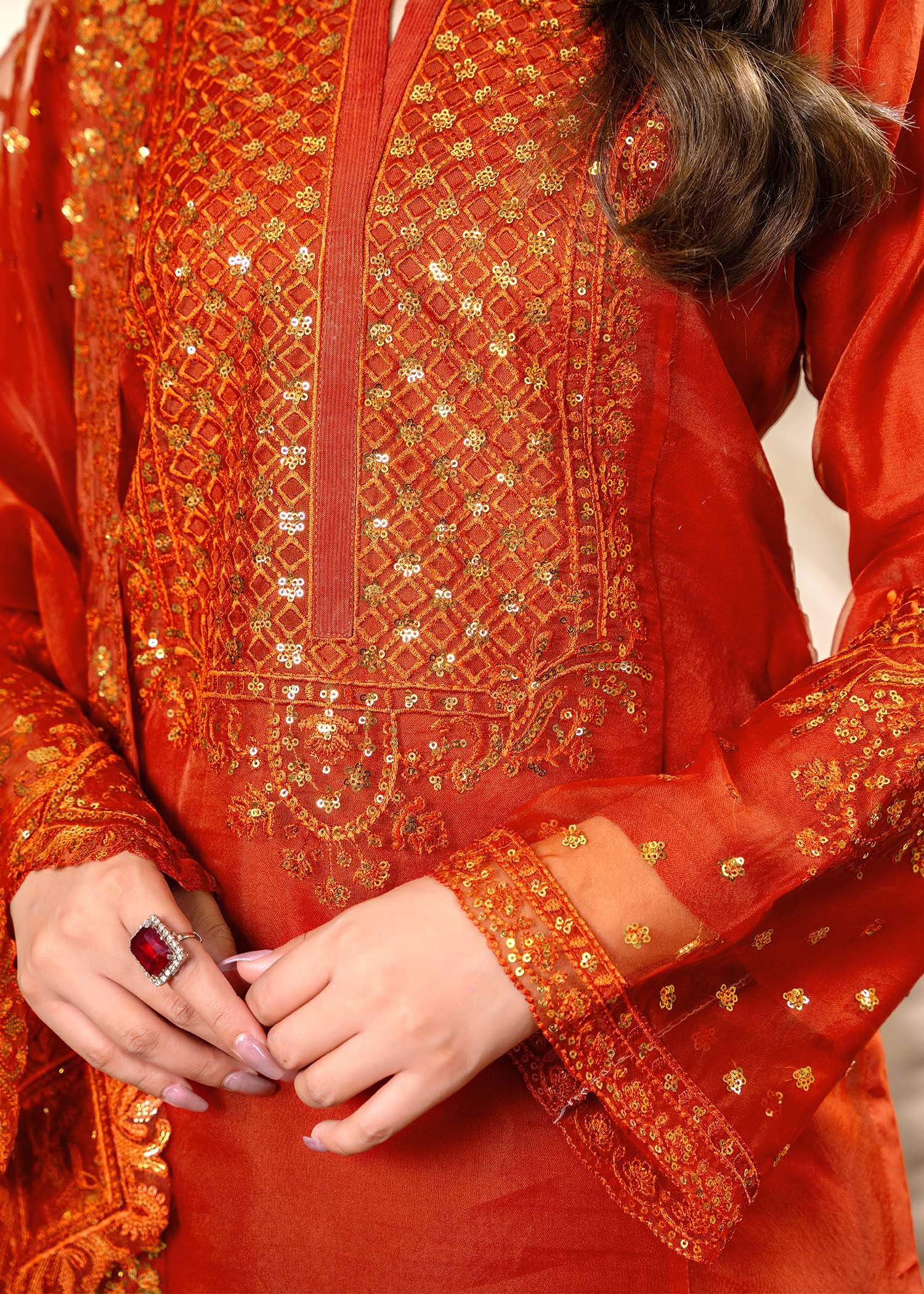 organza Gharara in Rust orange