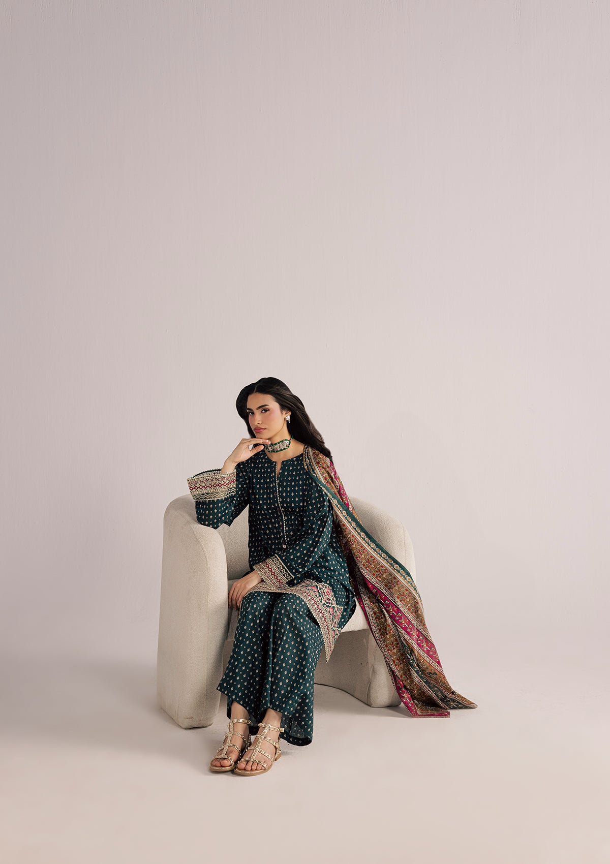 lawn Kurta Set in Forest green