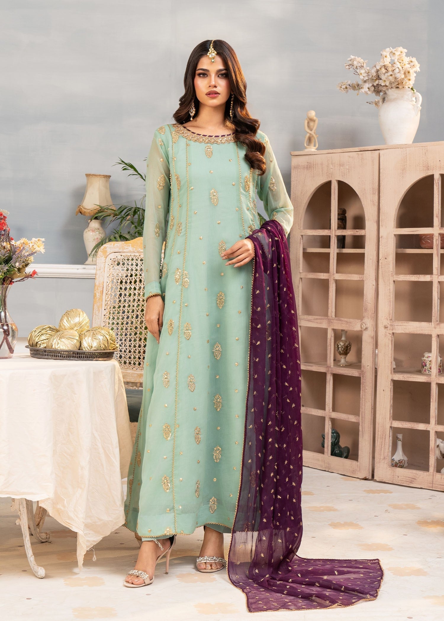 chiffon Anarkali in Pastel green
