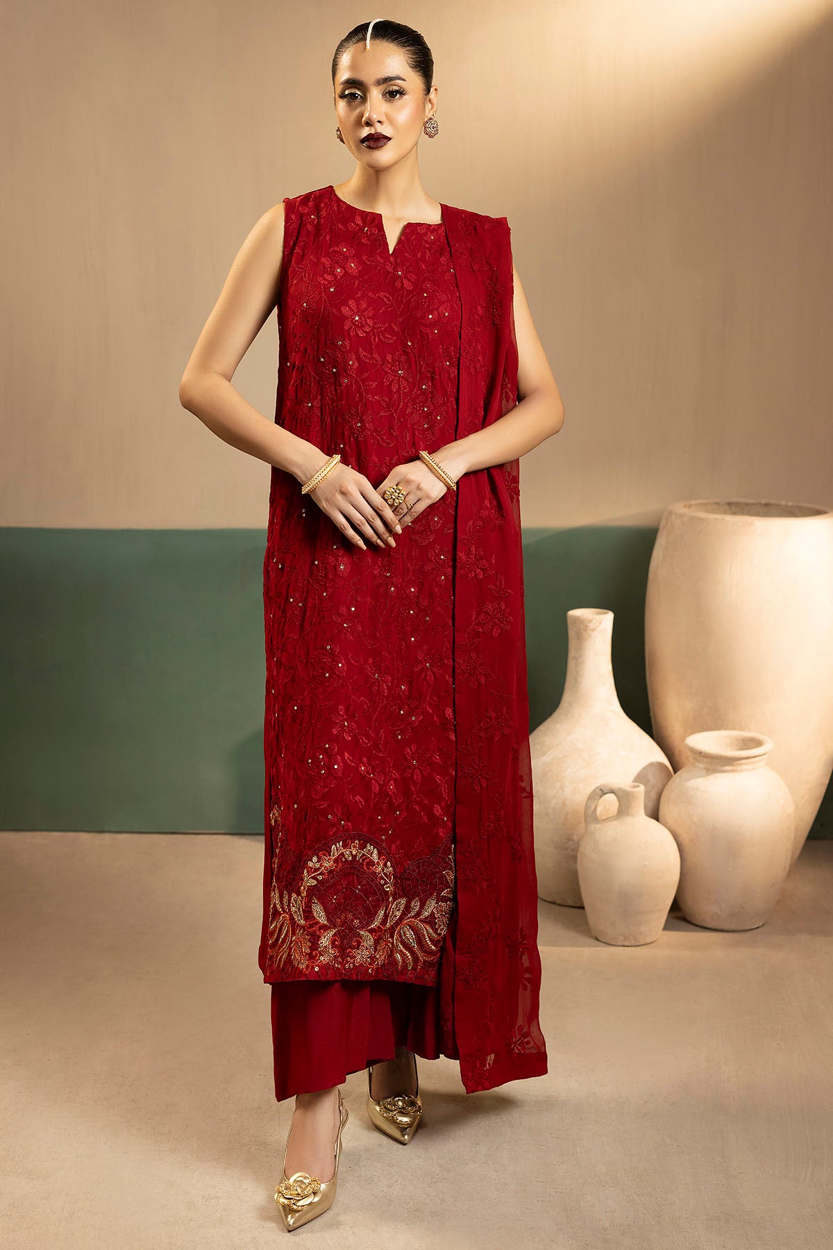 crinkle chiffon Unstitched in Red
