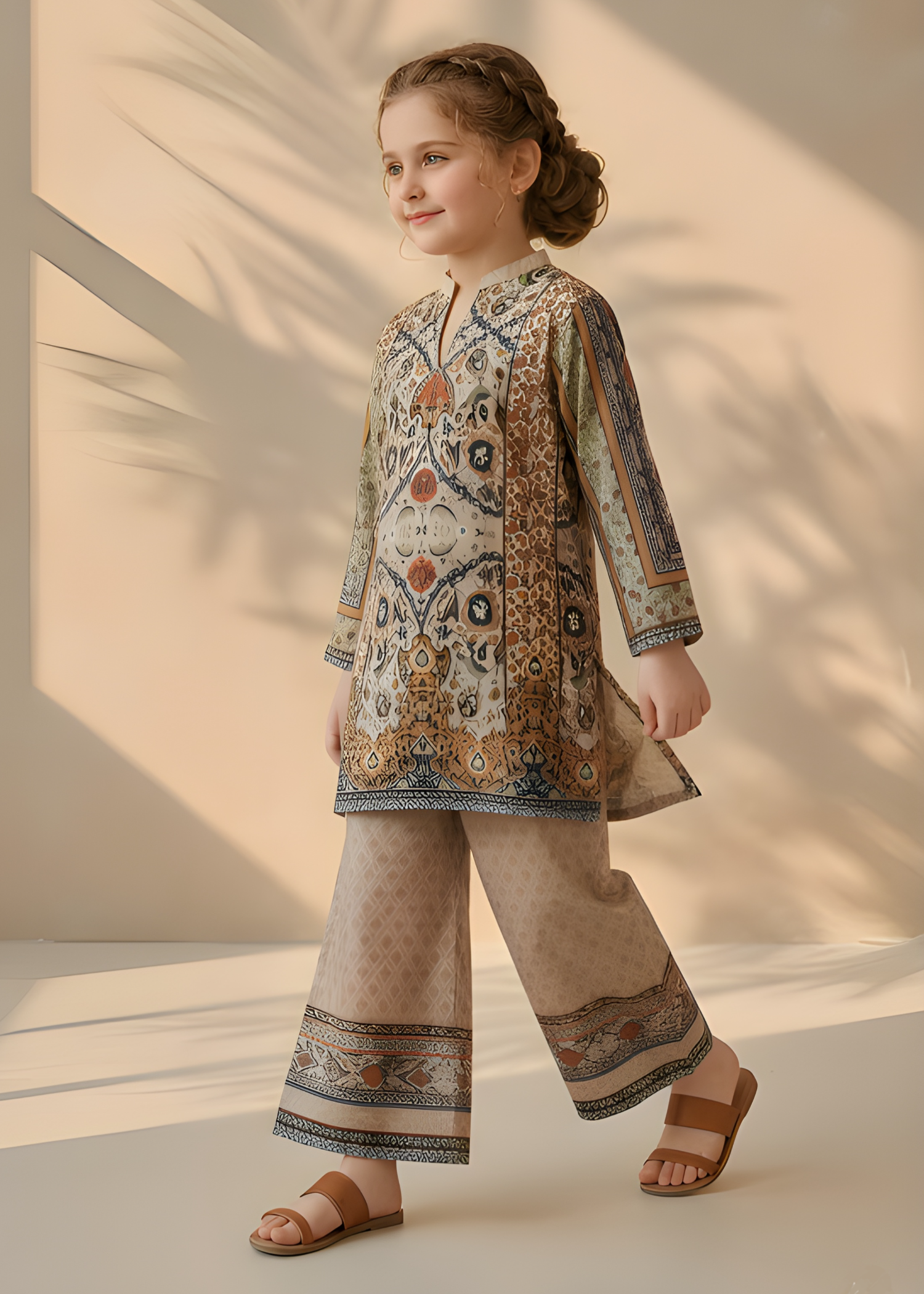 polyester crepe Kurta Set in Brown