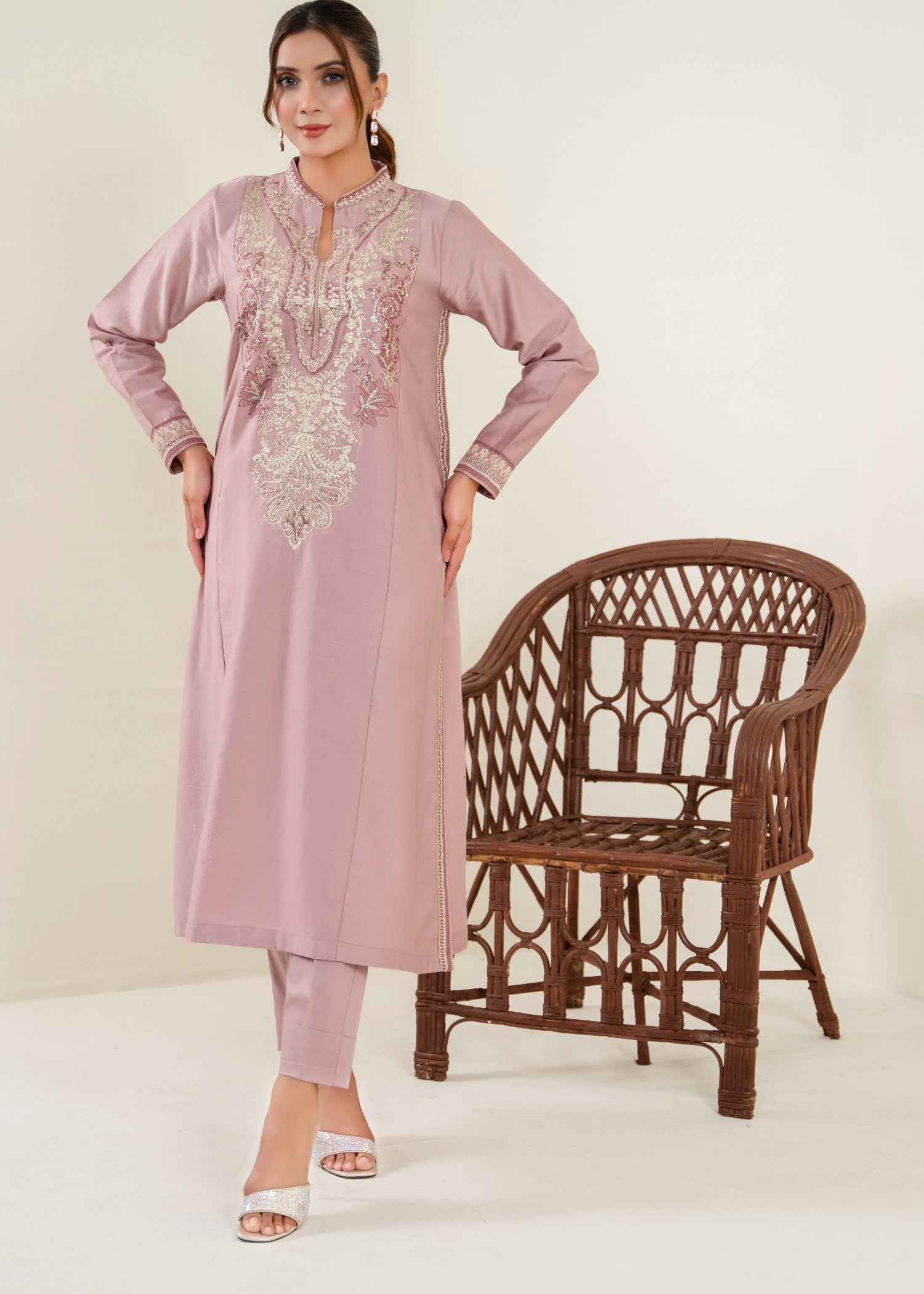 cotton satin Kurta Set in Mauve