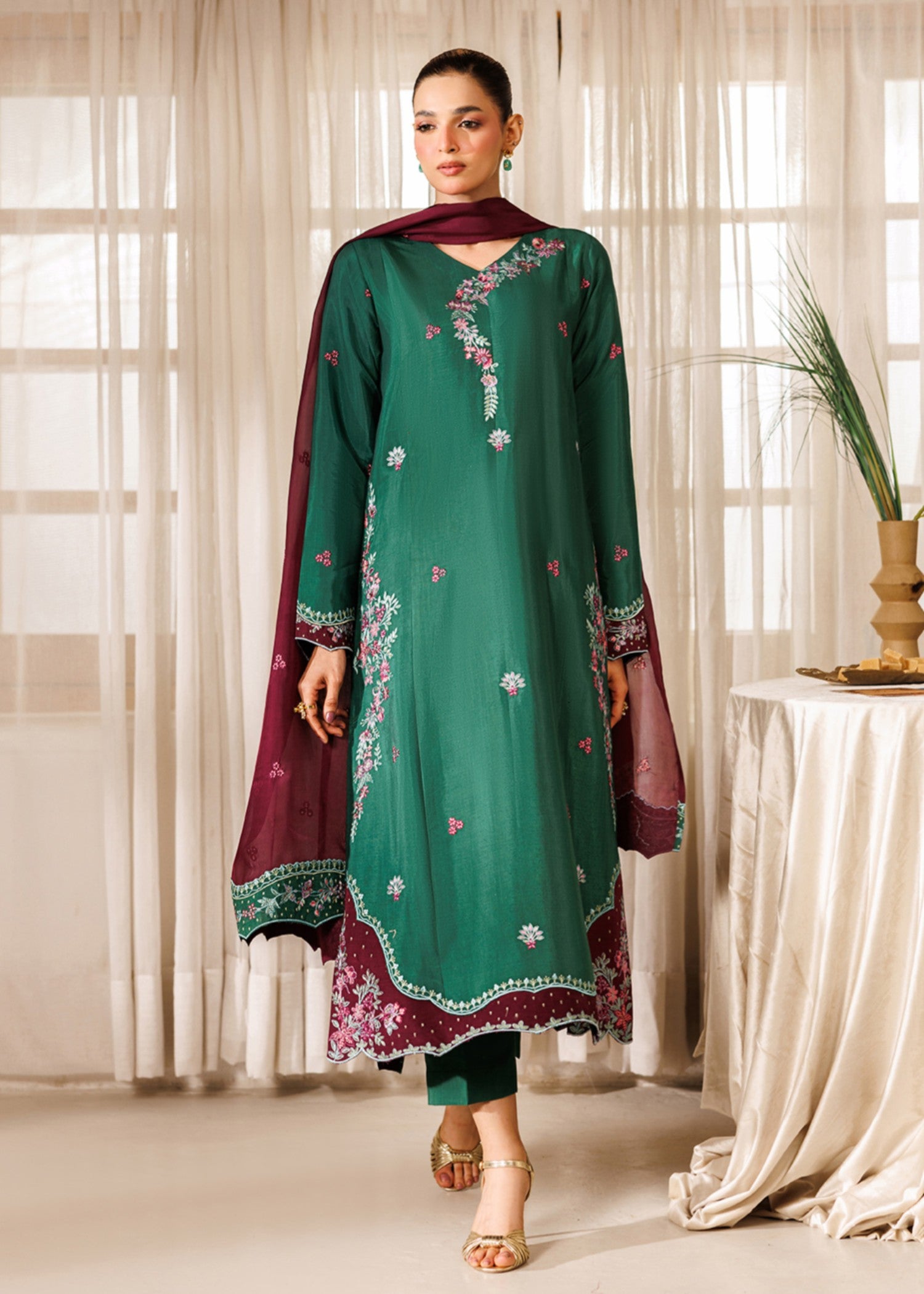 raw silk Pishwas in Green, plum