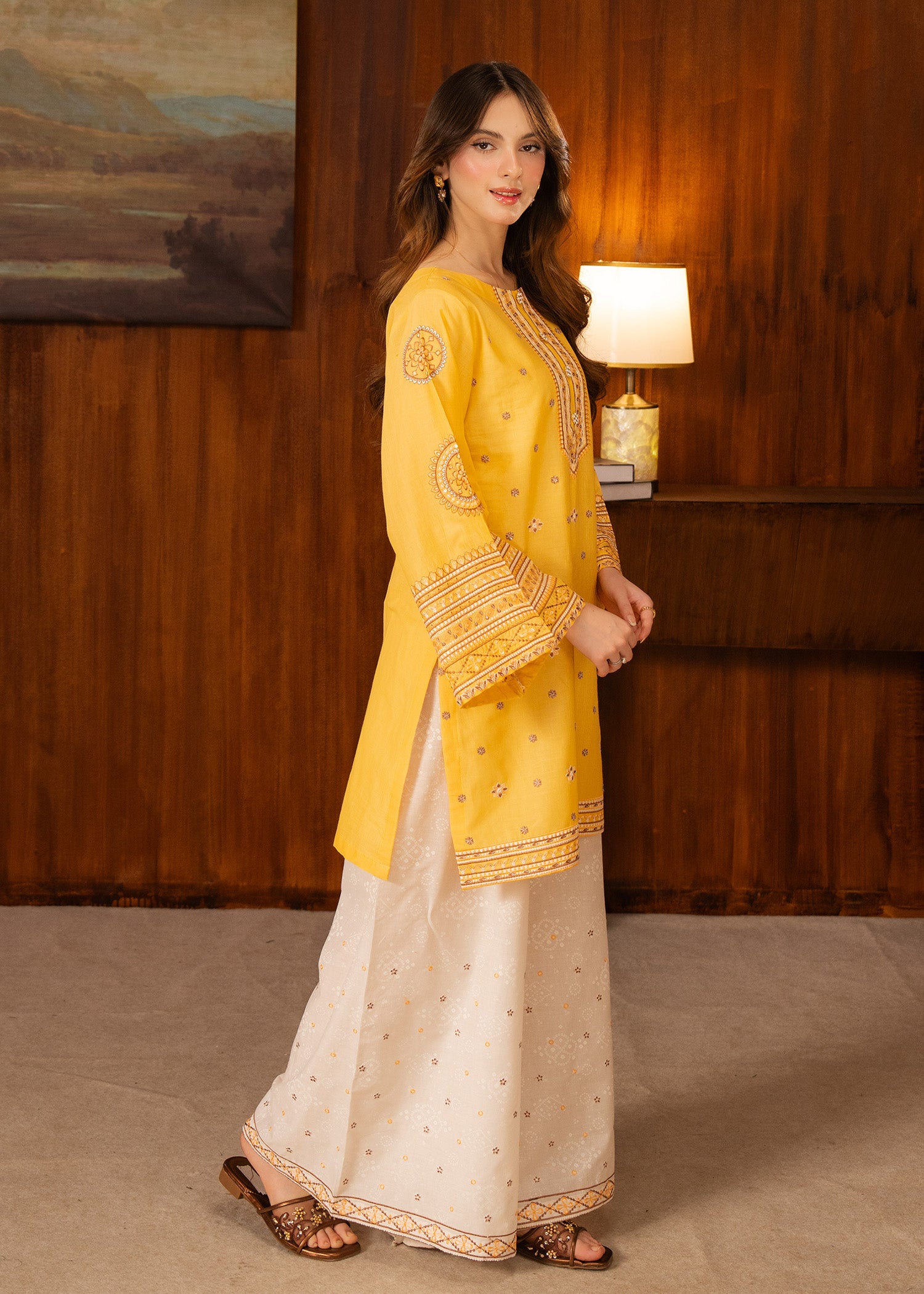 lawn Kurta Set in Yellow, white