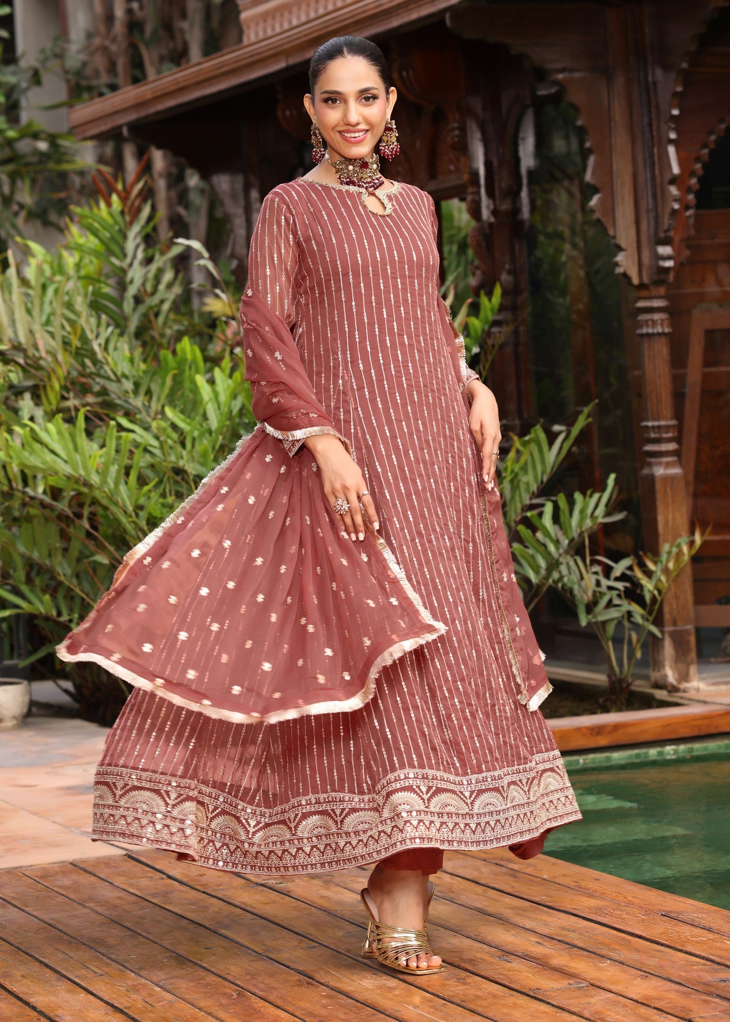 chiffon Pishwas in Melon pink