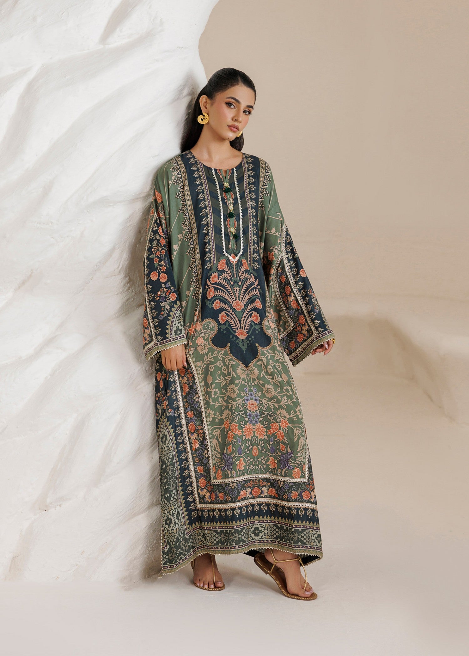 raw silk Kaftan in Avocado green