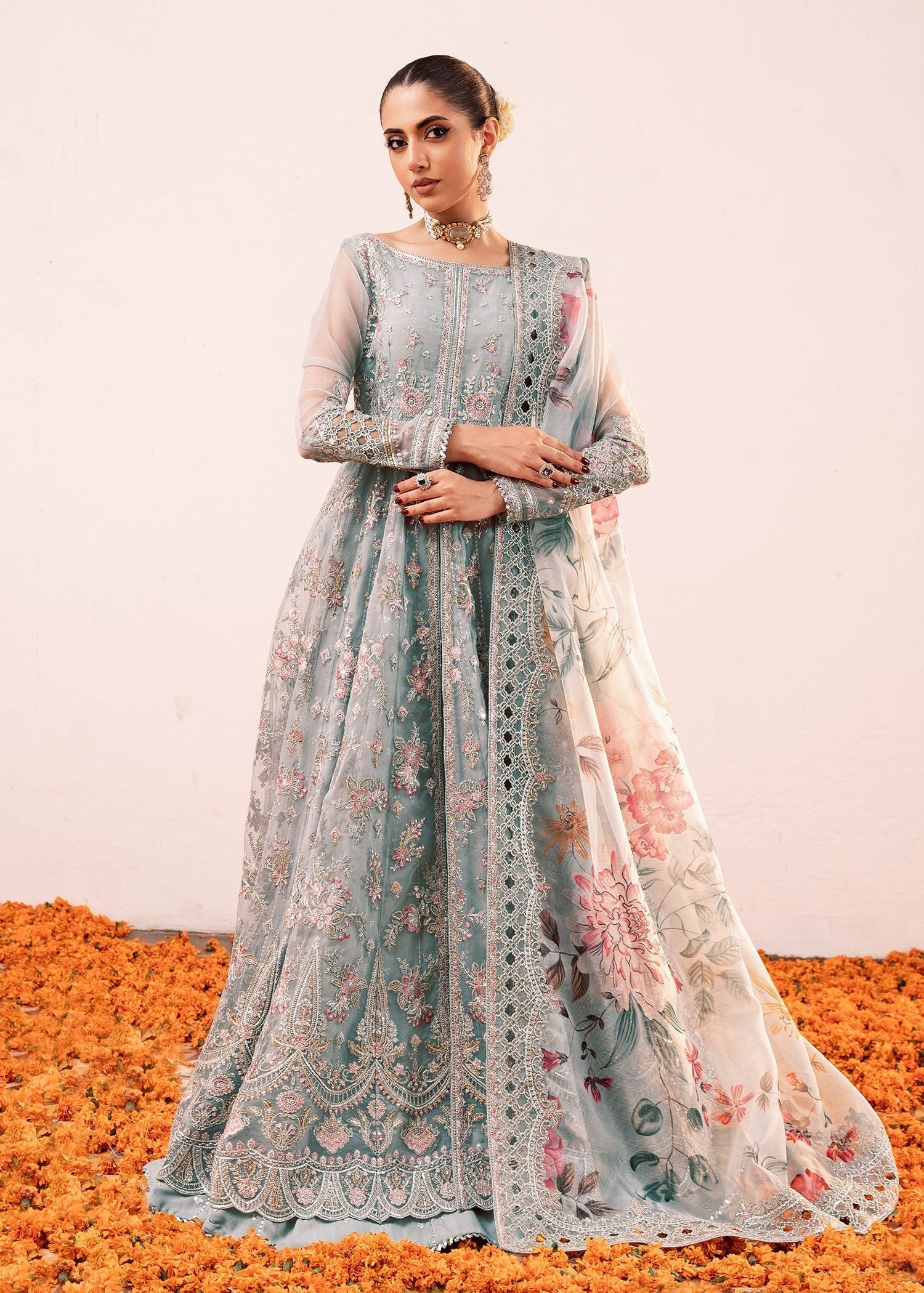 organza Pishwas in Ice blue