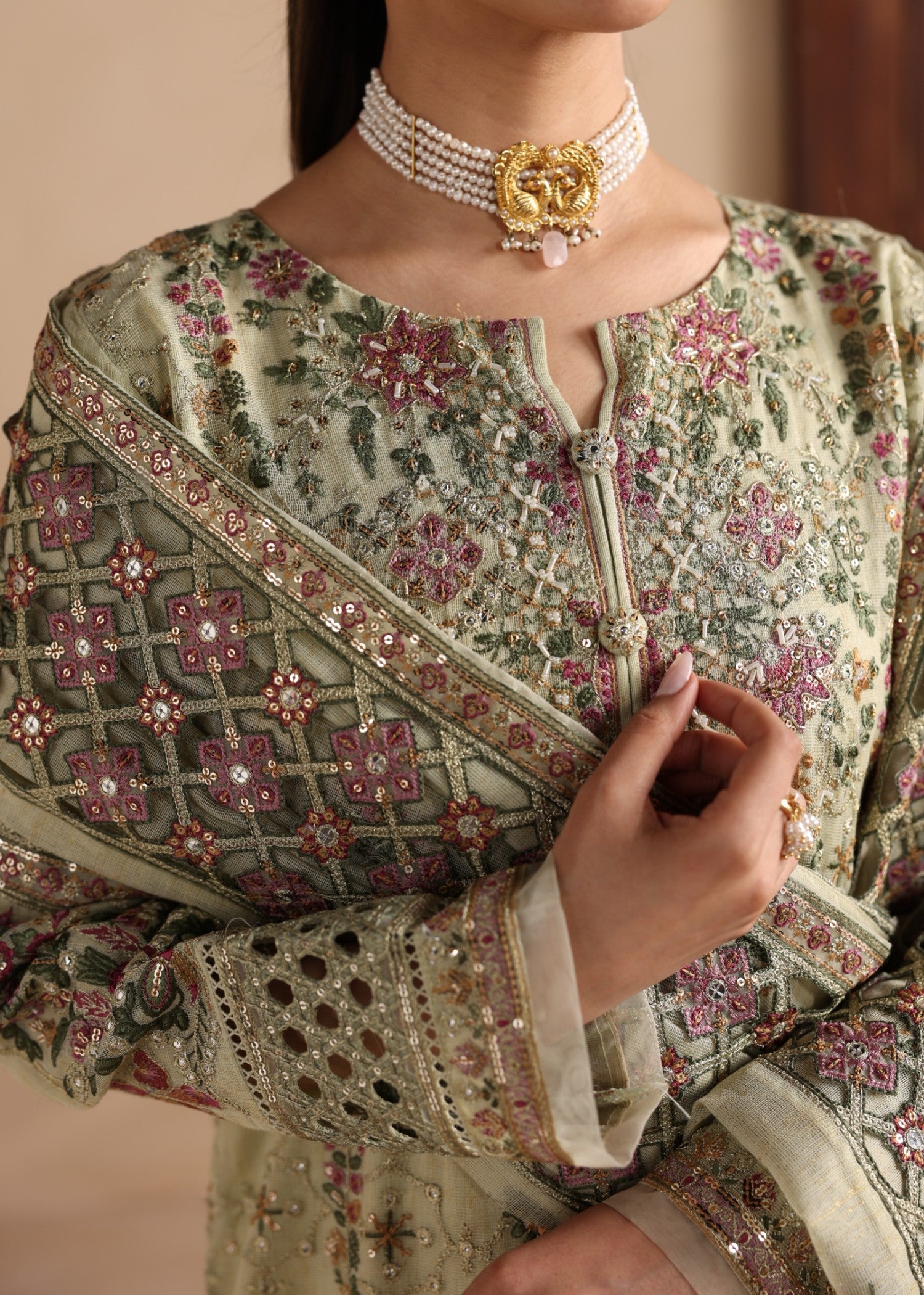 khaddi net Kurta Set in Pistachio green