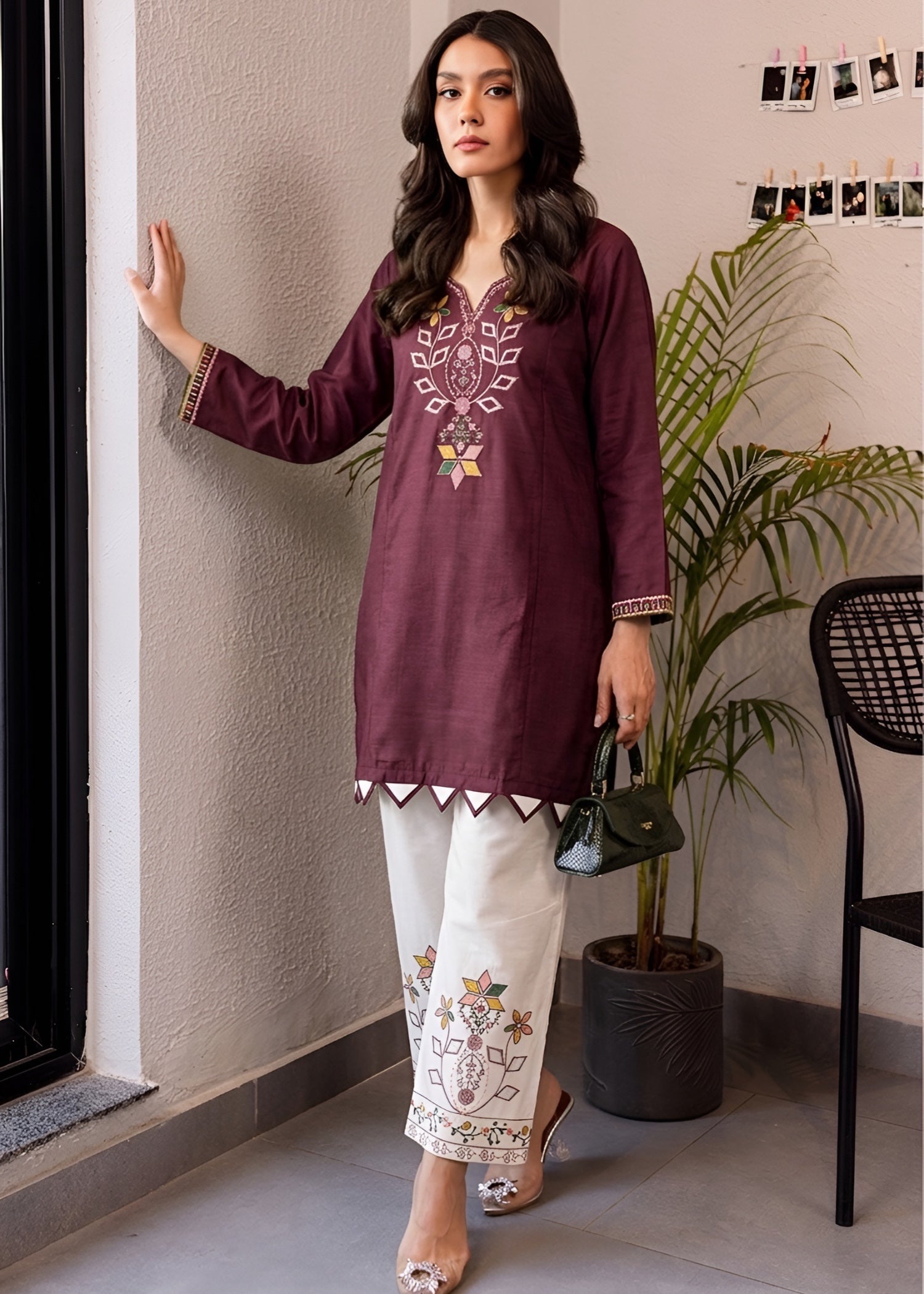 cambric Kurta Set in Plum