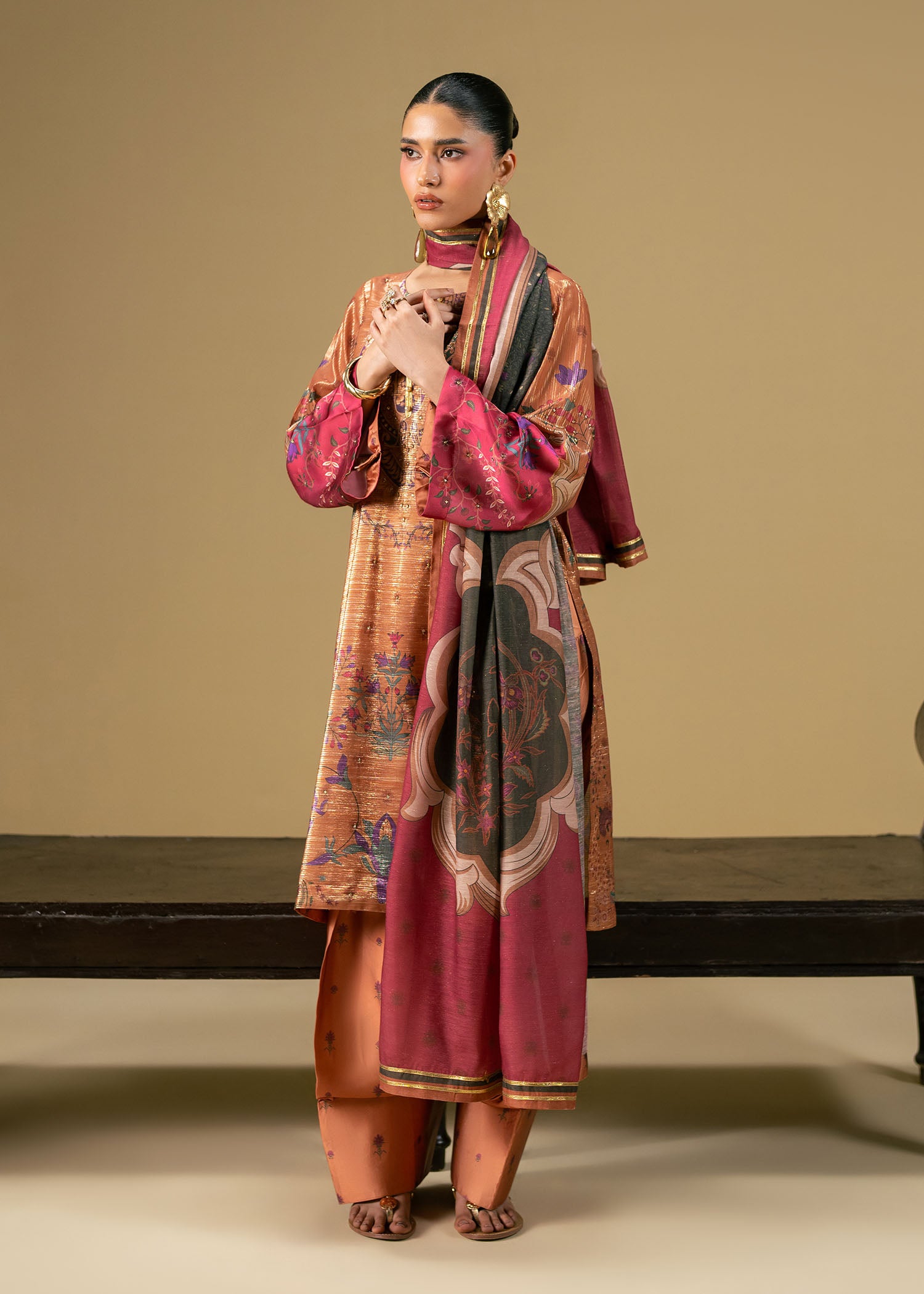 zari net Kurta Set in Rust orange