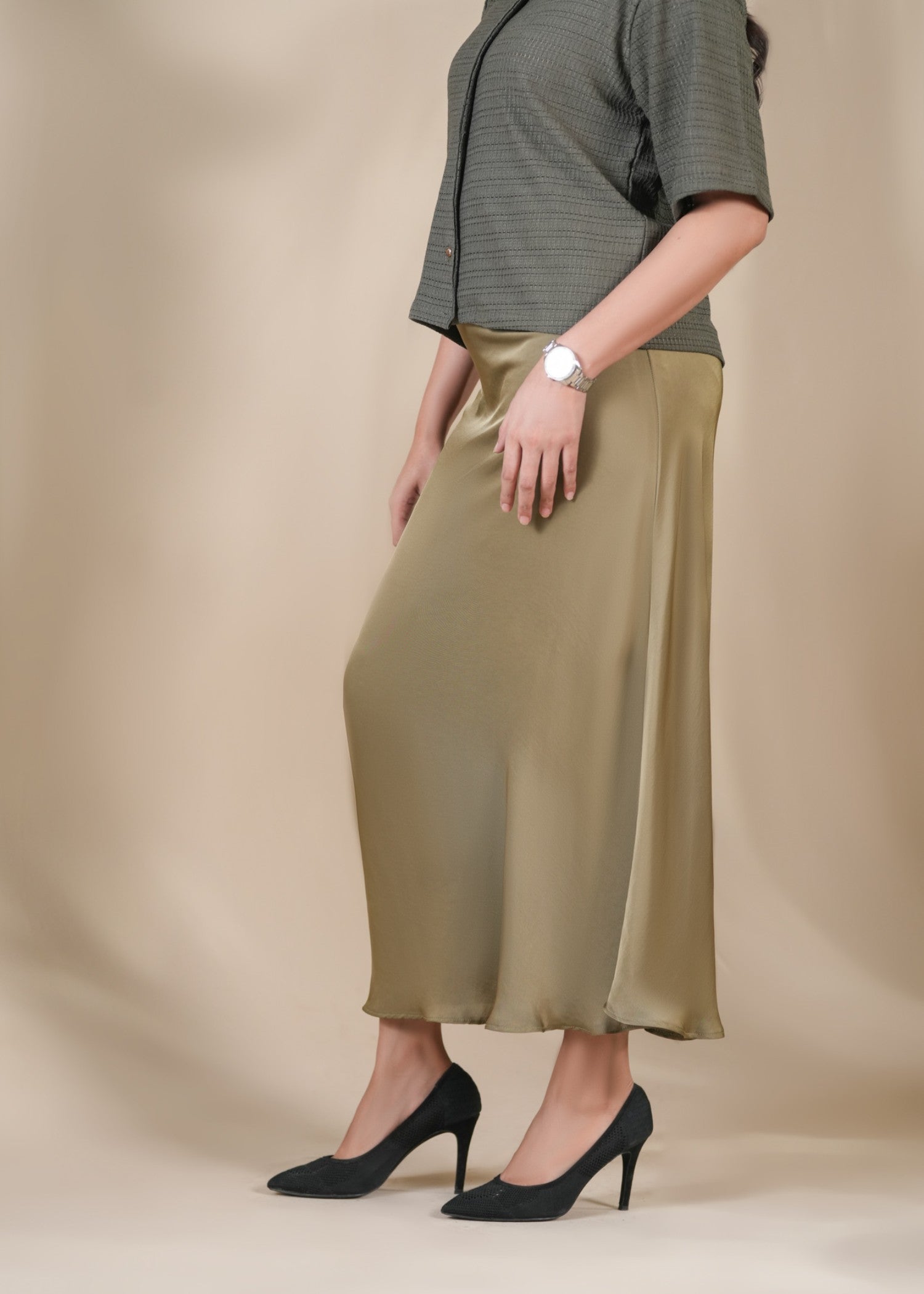 satin silk Skirt in Olive green