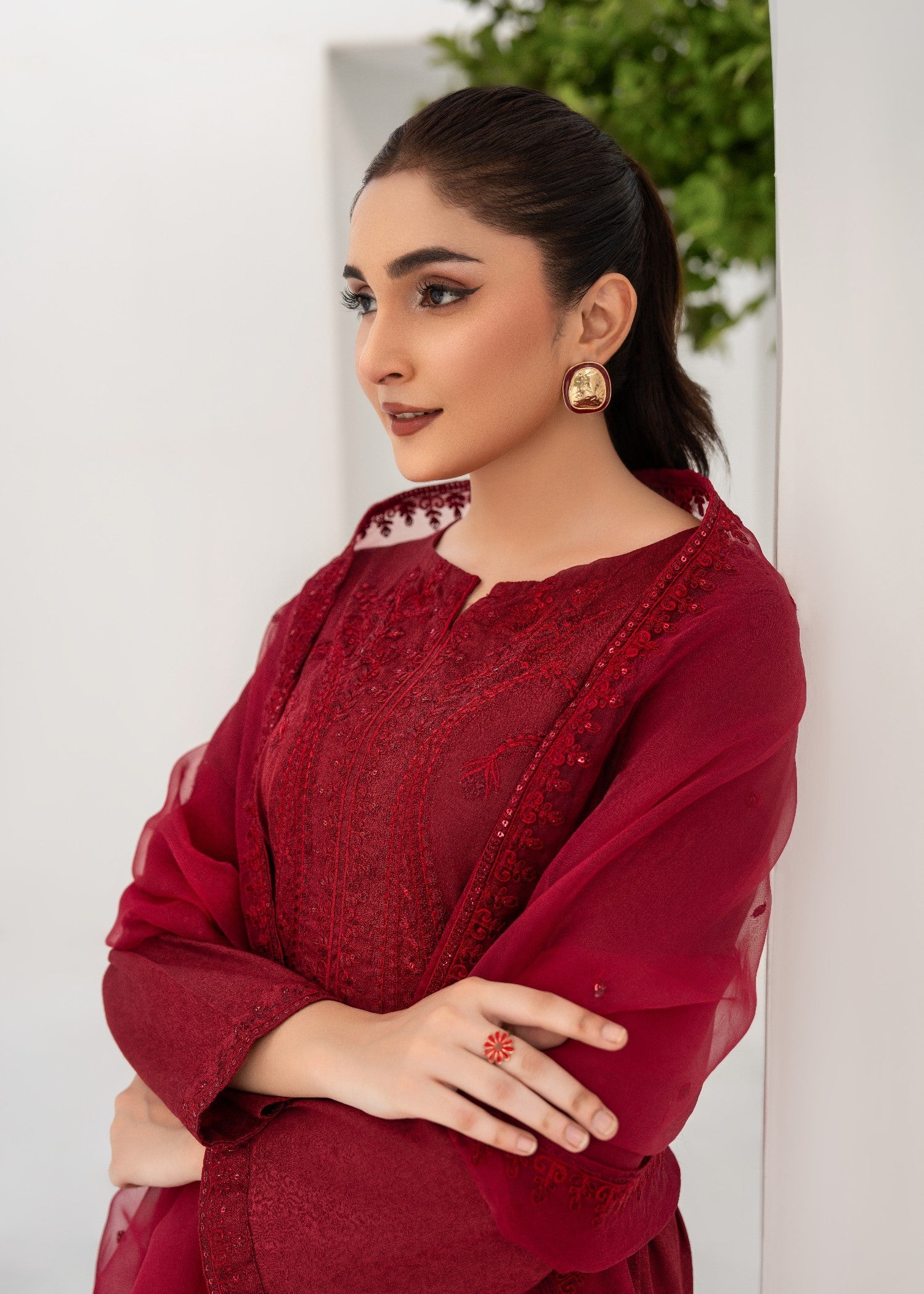 textured lawn Kurta Set in Maroon