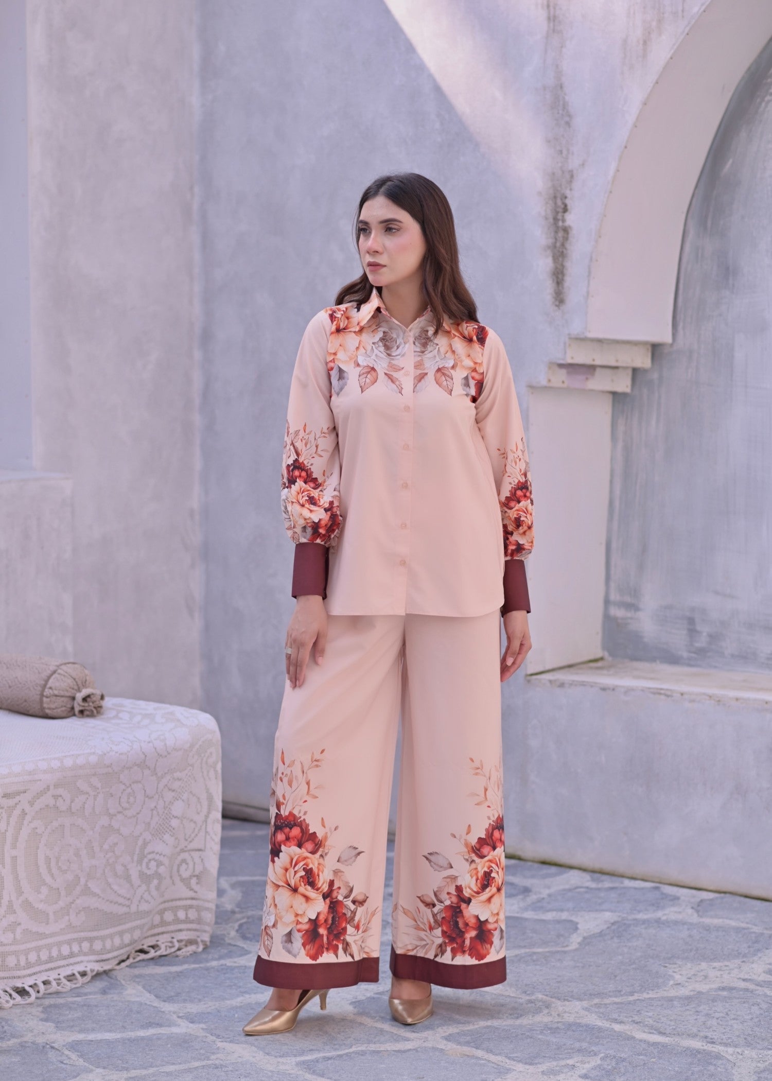 crepe Co ord Sets in Peach orange