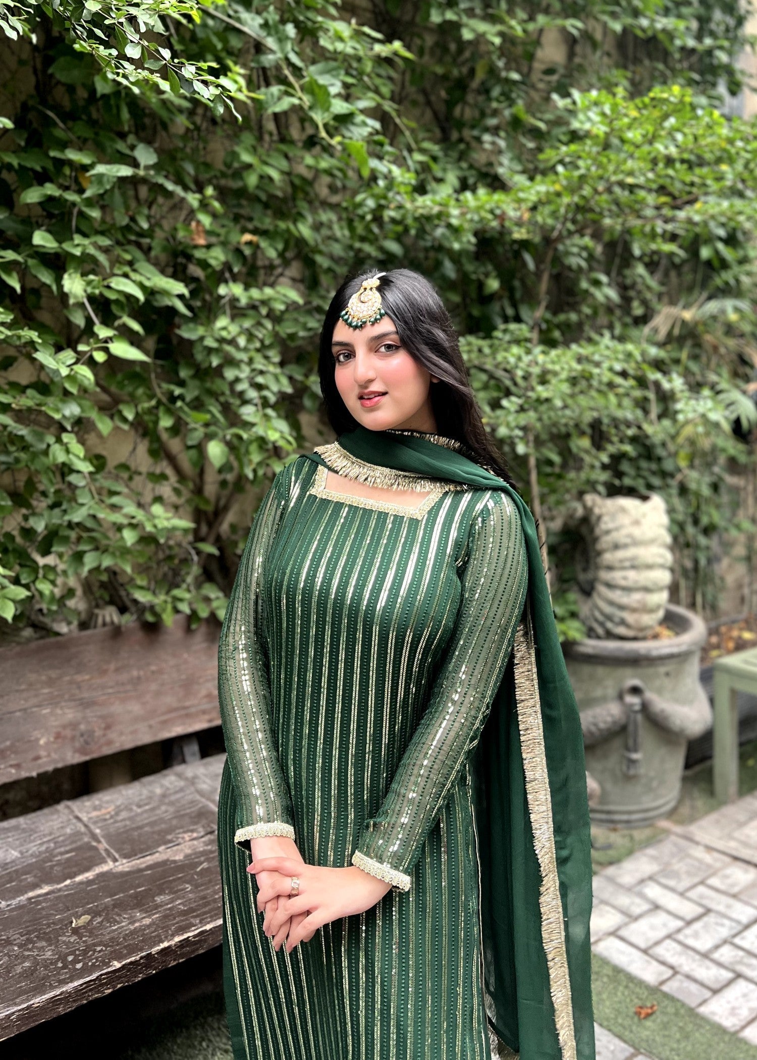 chiffon Kurta Set in Bottle green