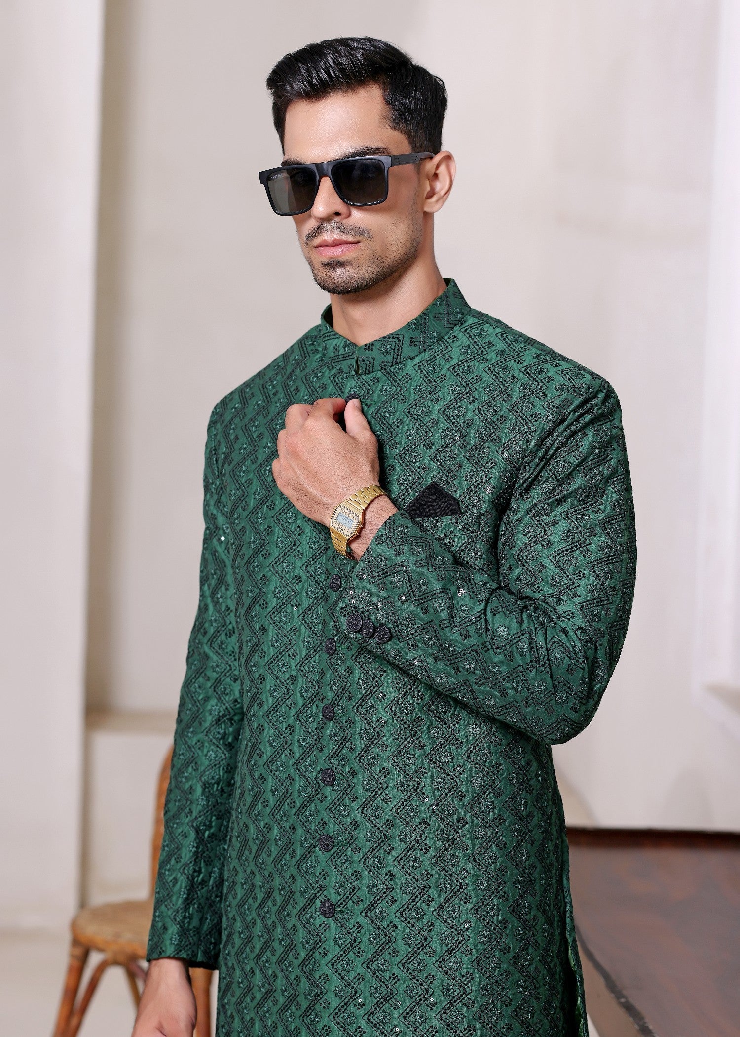 raw silk Sherwani in Green