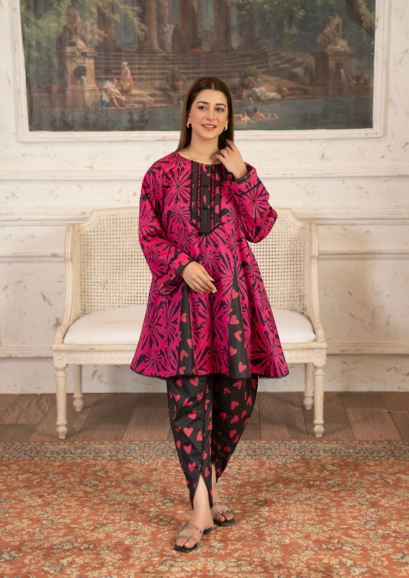 lawn Peplum in Black, hot pink