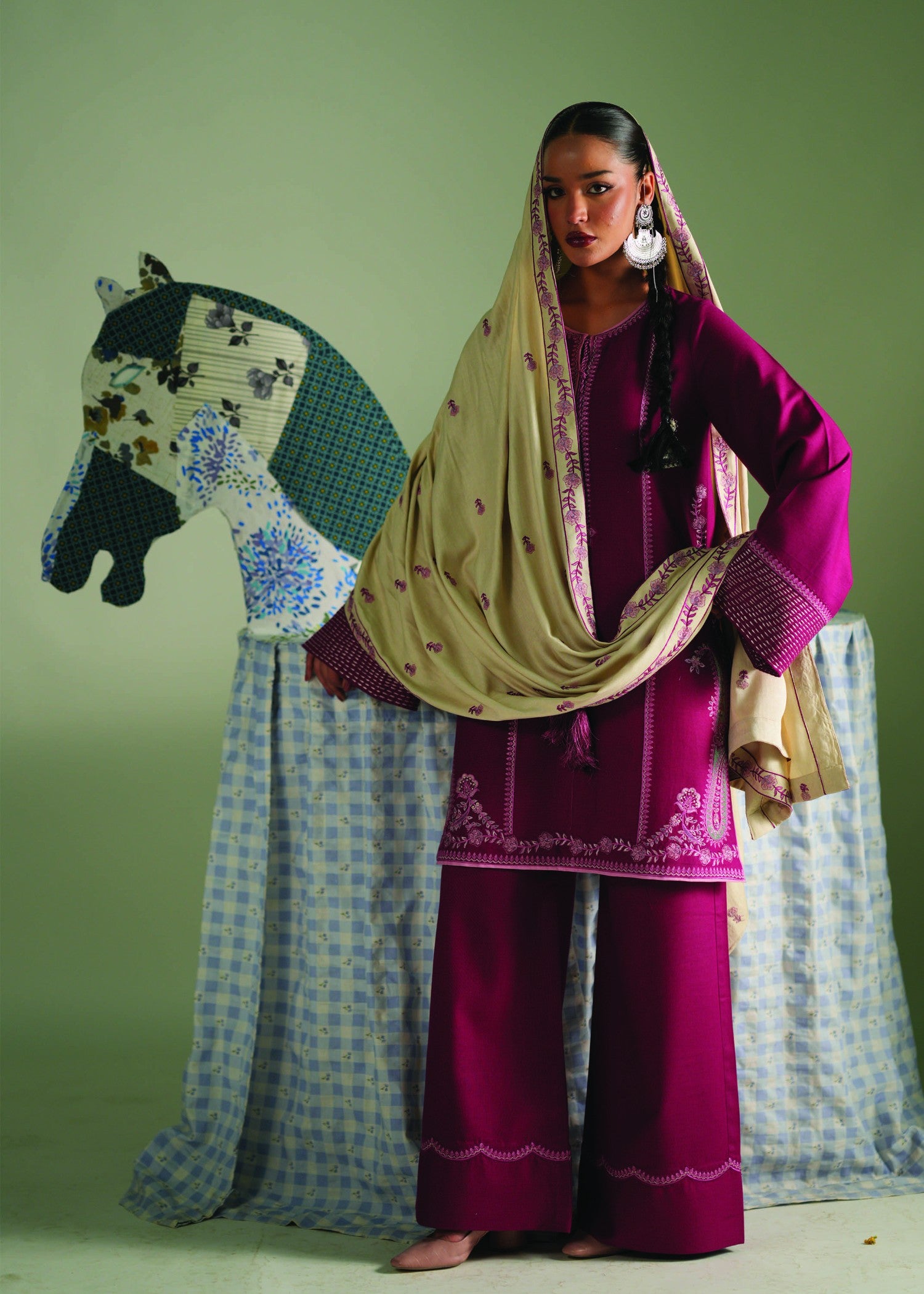 khaddar Kurta Set in Raspberry pink
