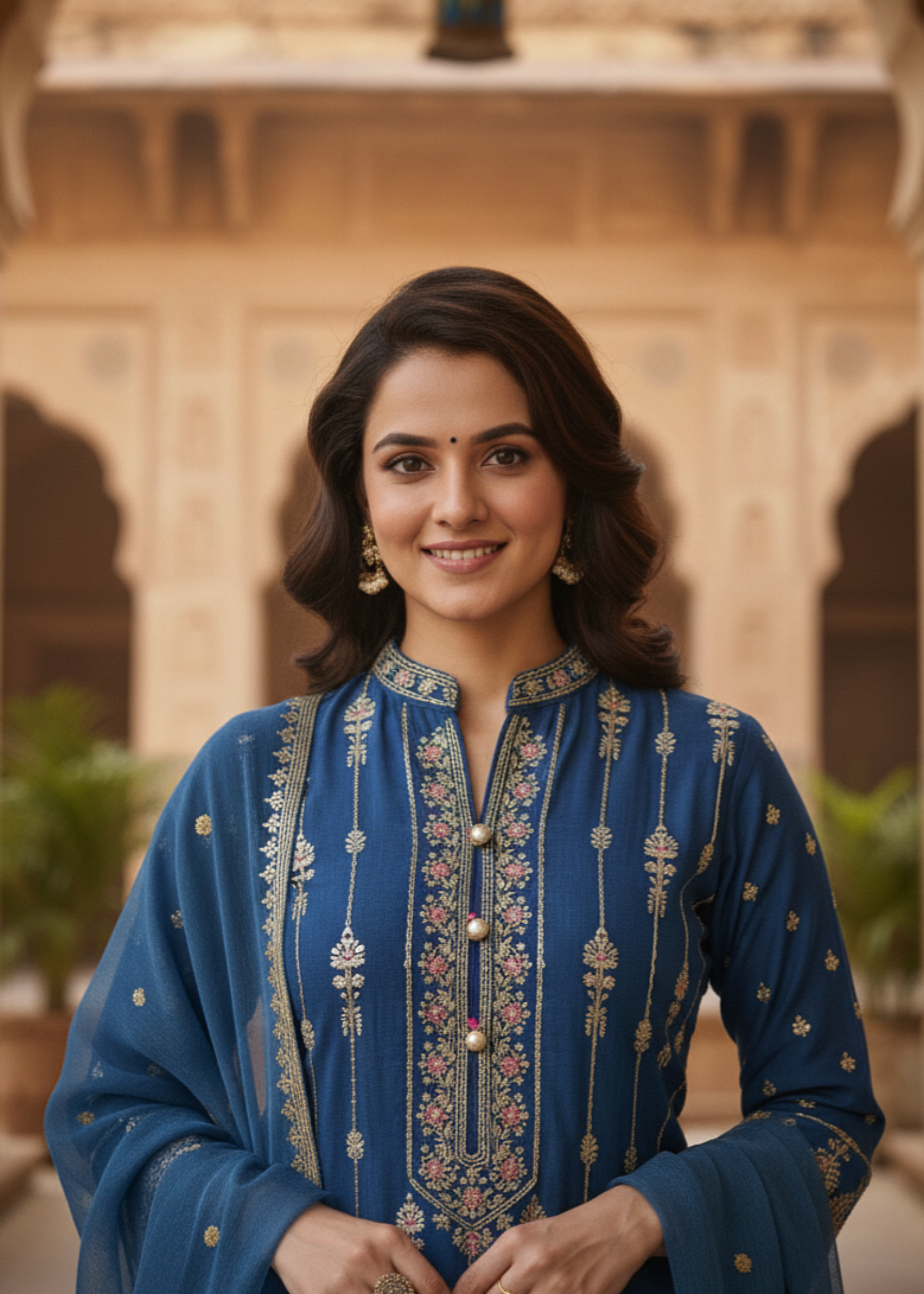 slub khaddar Kurta Set in Navy blue