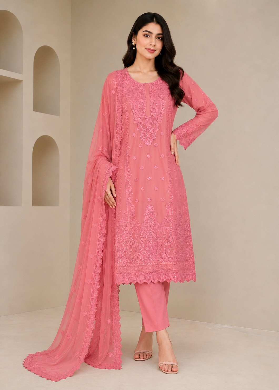 chiffon Kurta Set in Rose pink