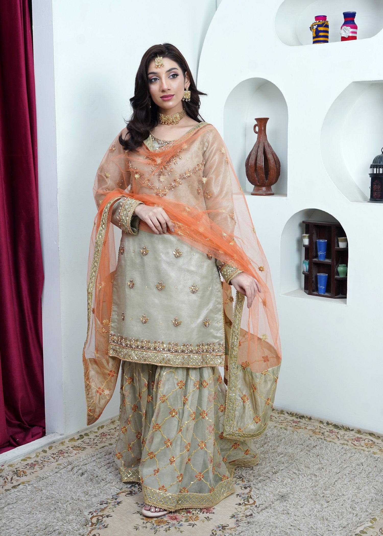 organza Gharara in Moss green