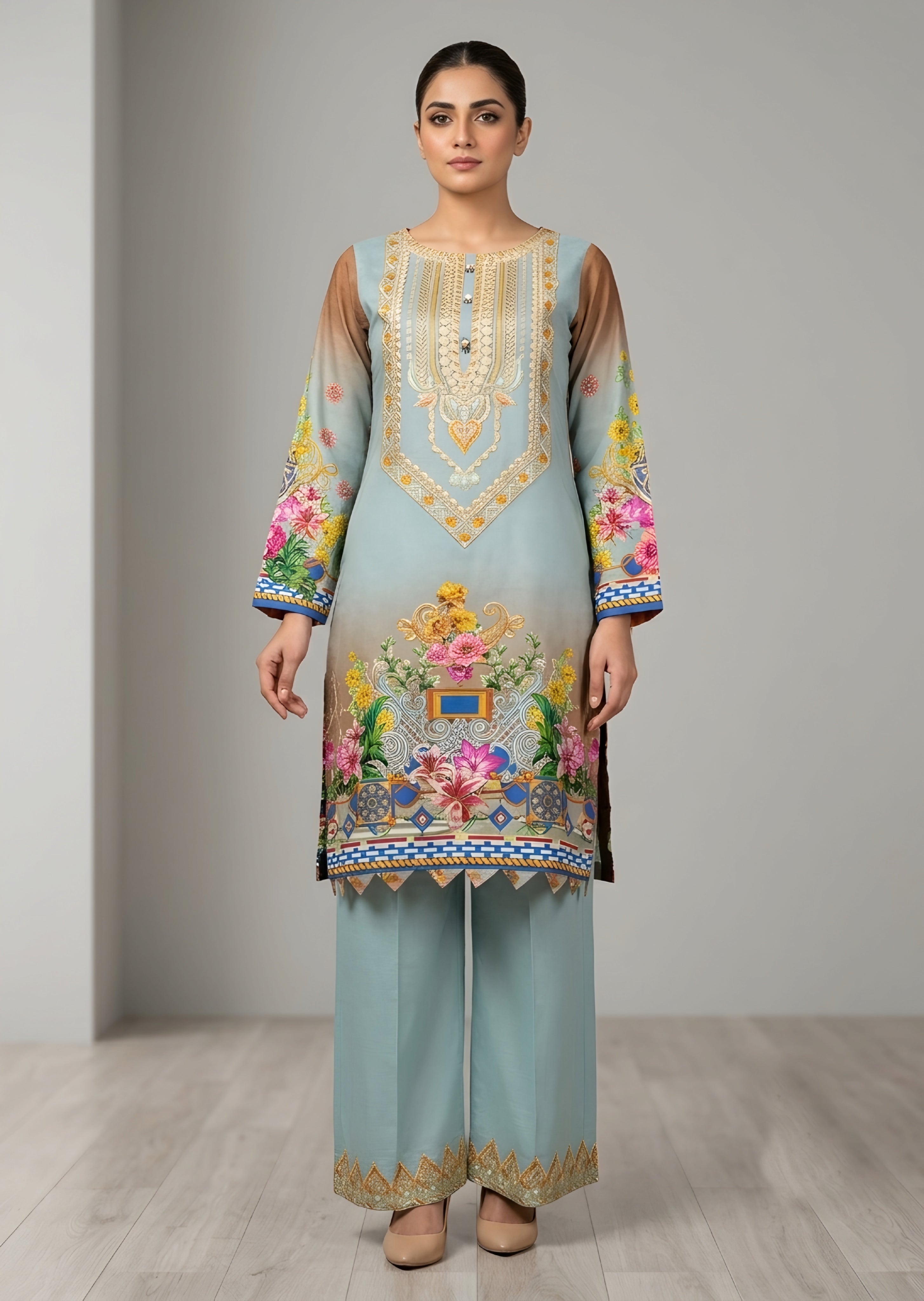 linen Kurta Set in Ice blue