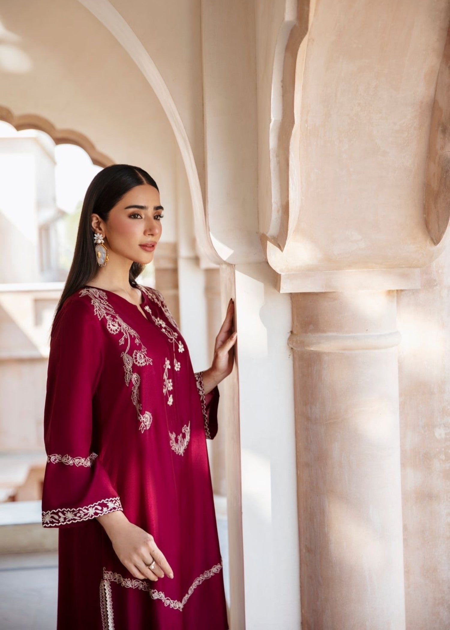 lawn Kurta Set in Burgundy