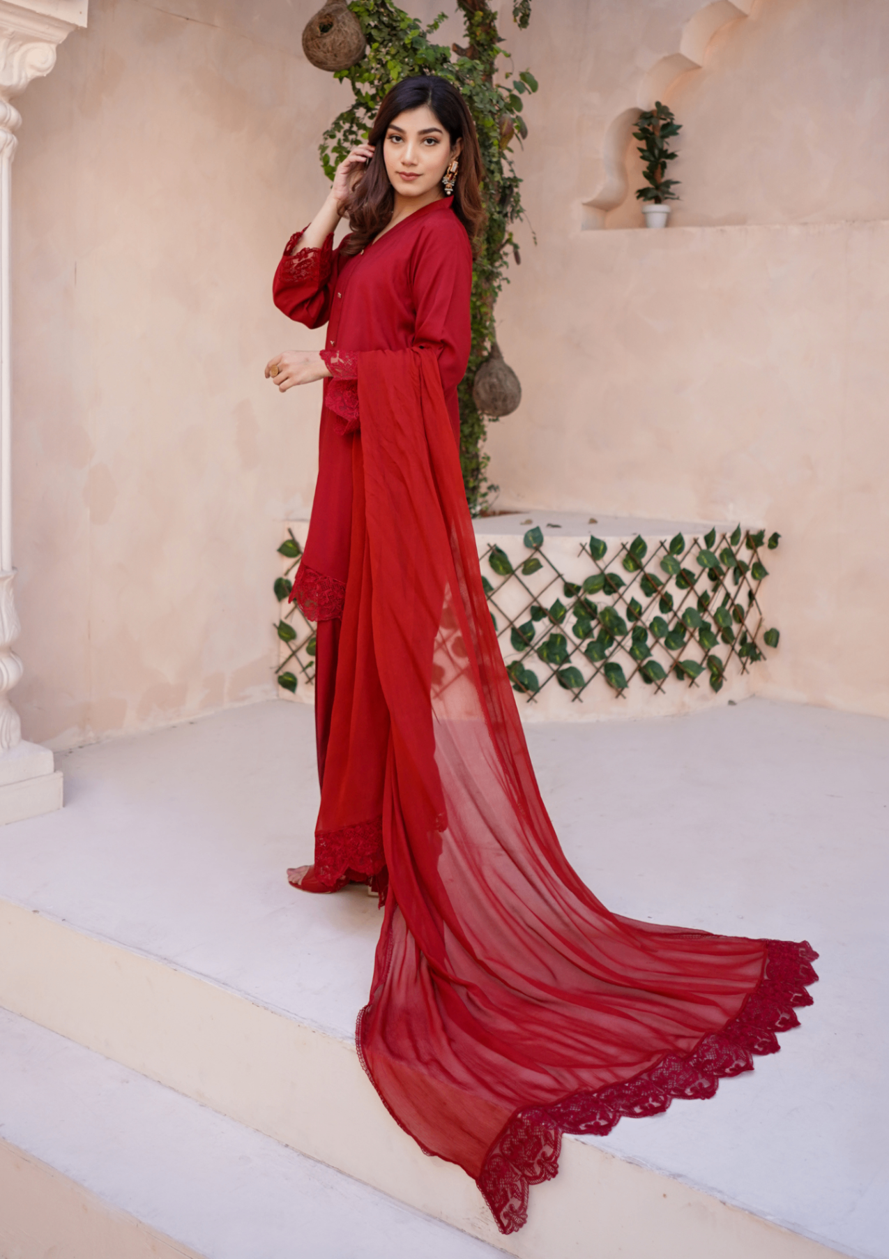 viscose raw silk Kurta Set in Red