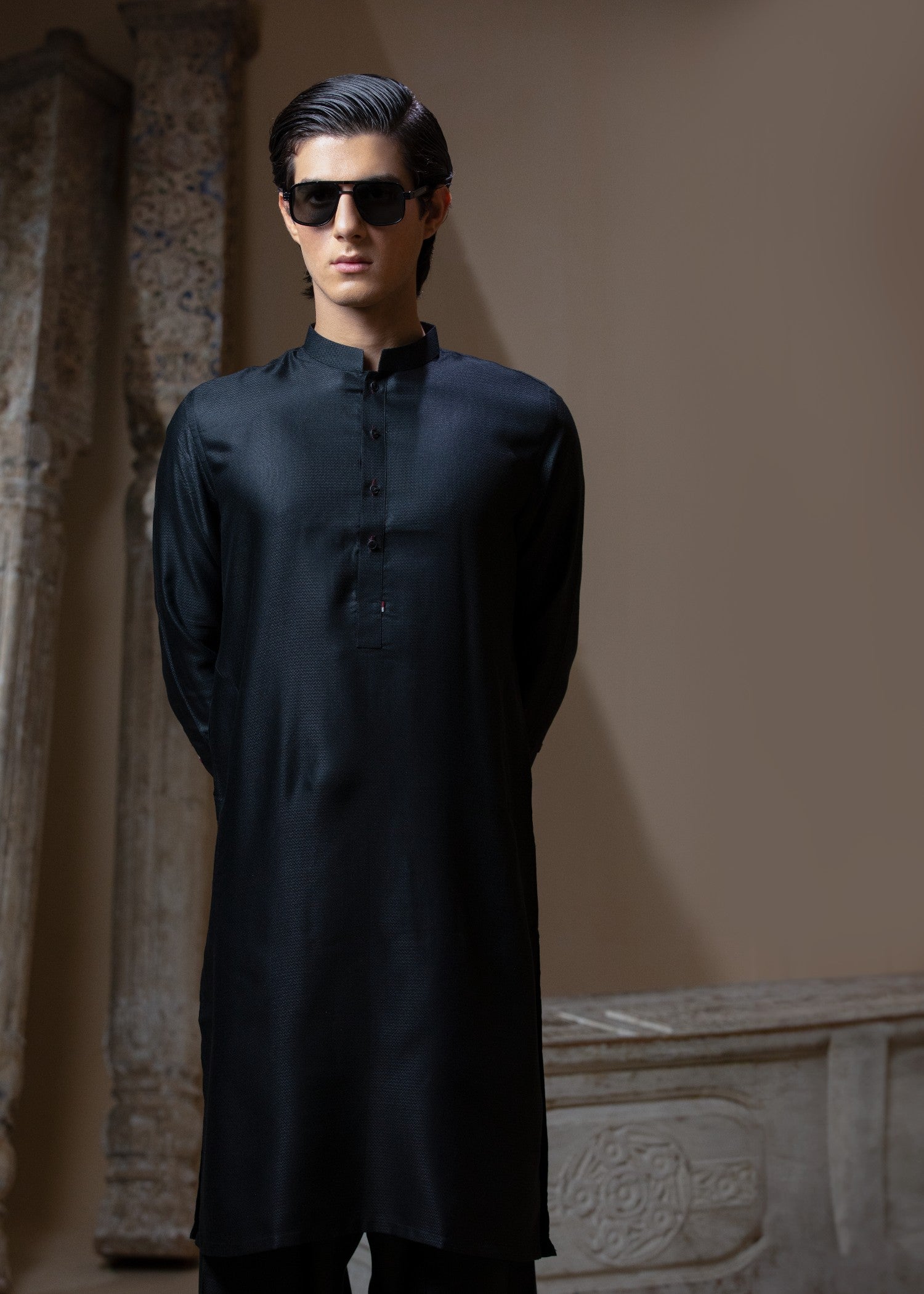 textured wash & wear Shalwar Kameez in Black