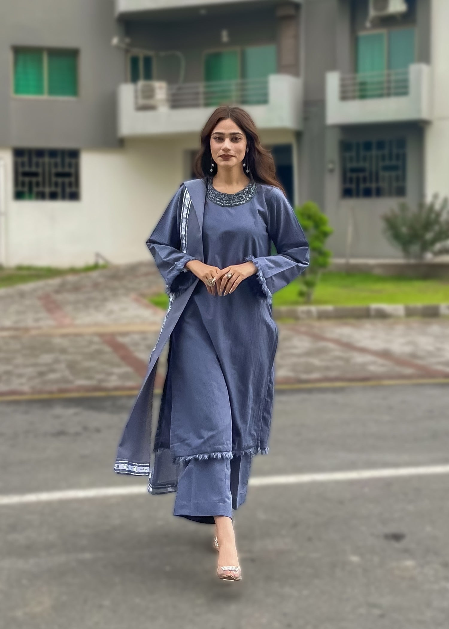 textured grip Kurta Set in Steel blue