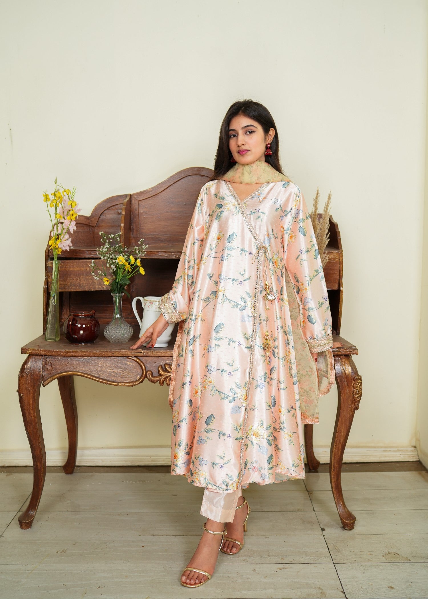 silk Angrakha in Peach pink, steel blue, steel teal