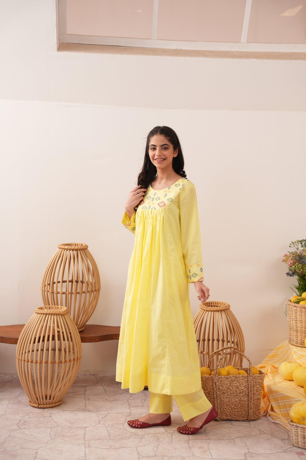lawn cotton Anarkali in Lemon