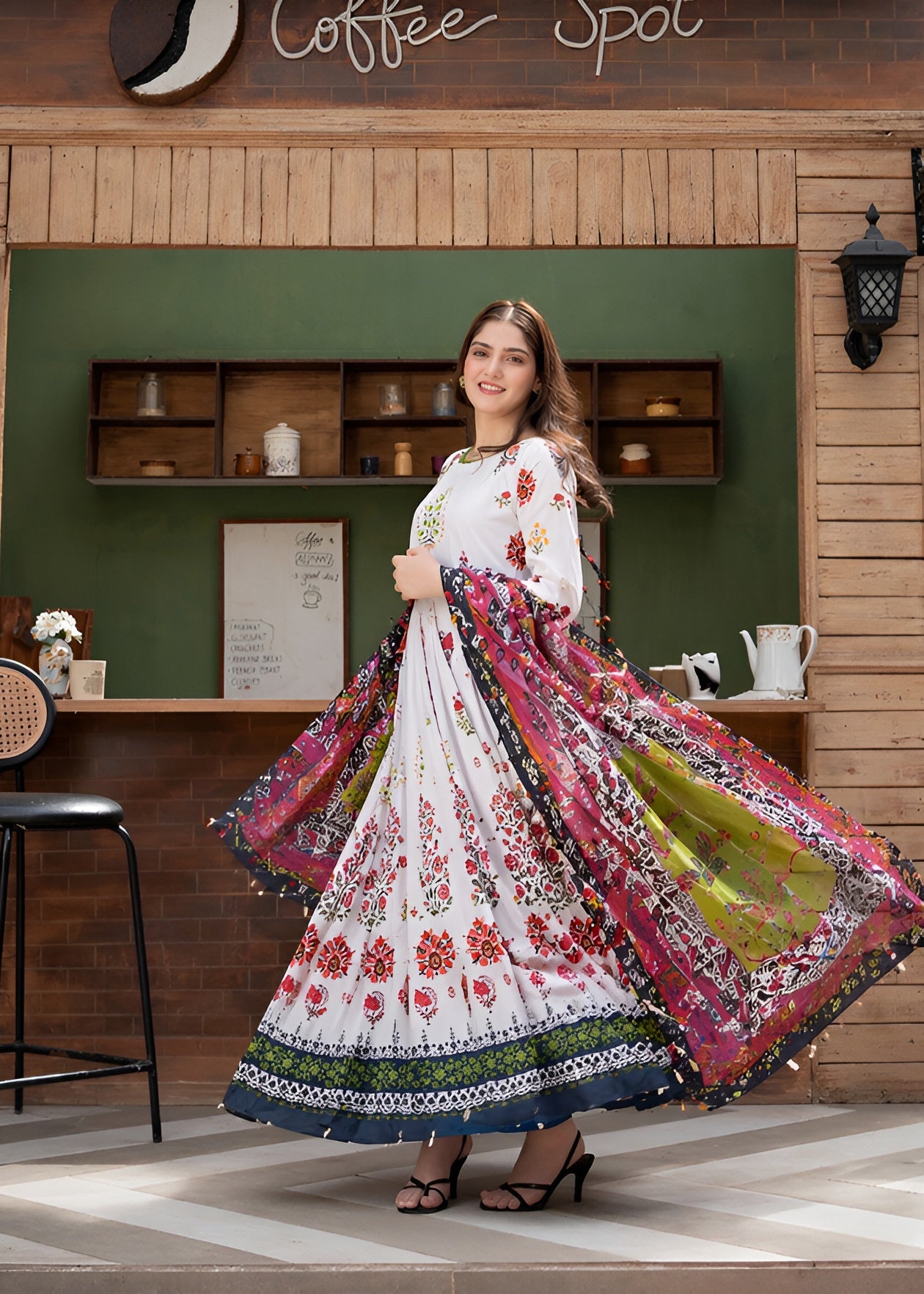 poly lawn Anarkali in White
