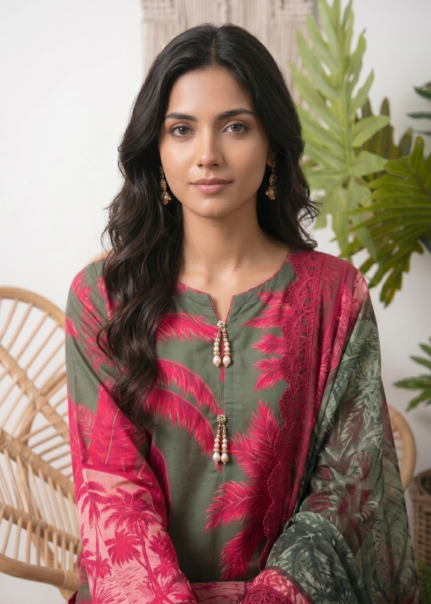 lawn Kurta Set in Green, amaranth
